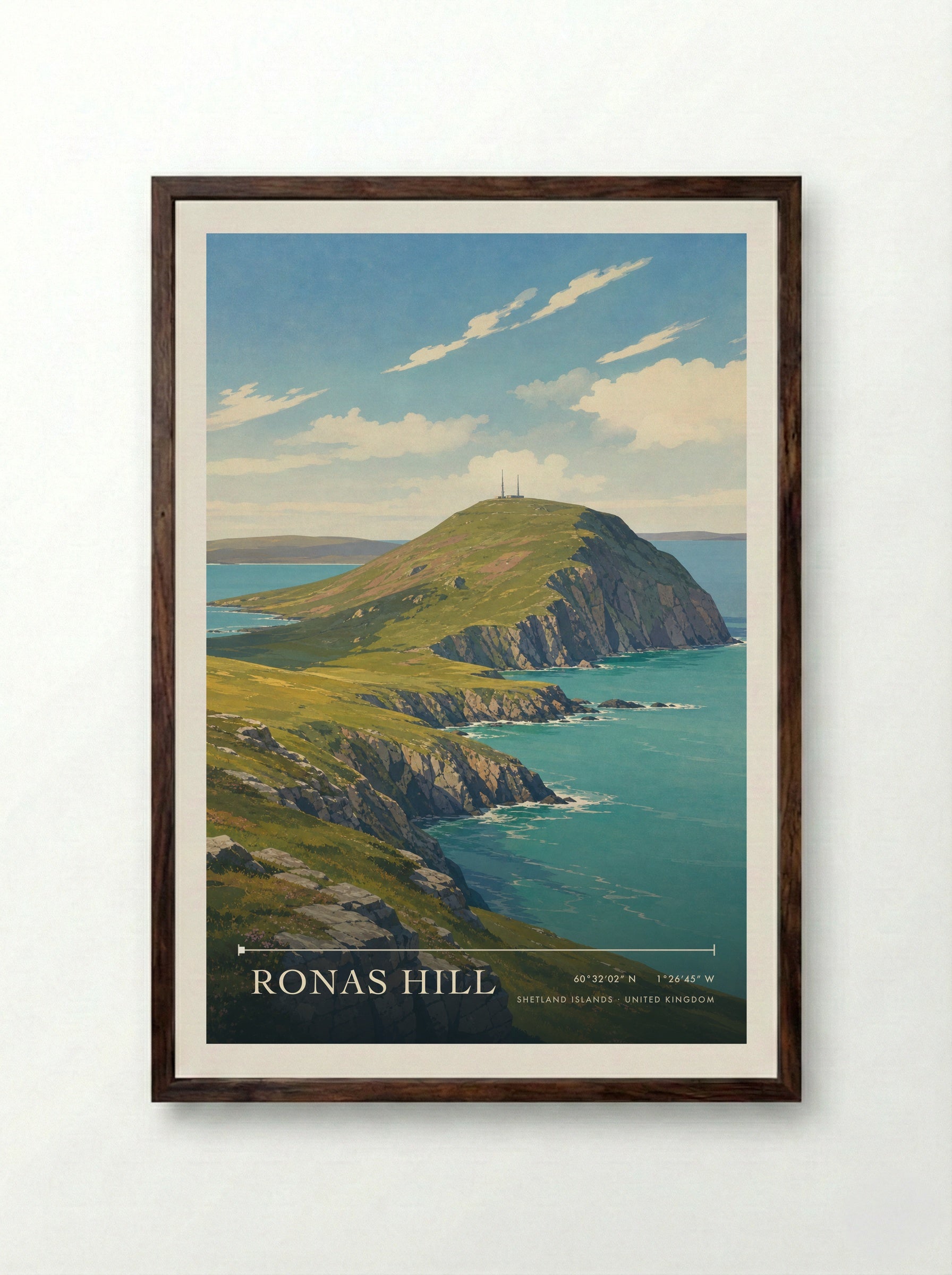 Ronas Hill Shetland Islands United Kingdom Travel Poster - Framed Print Dark Wood