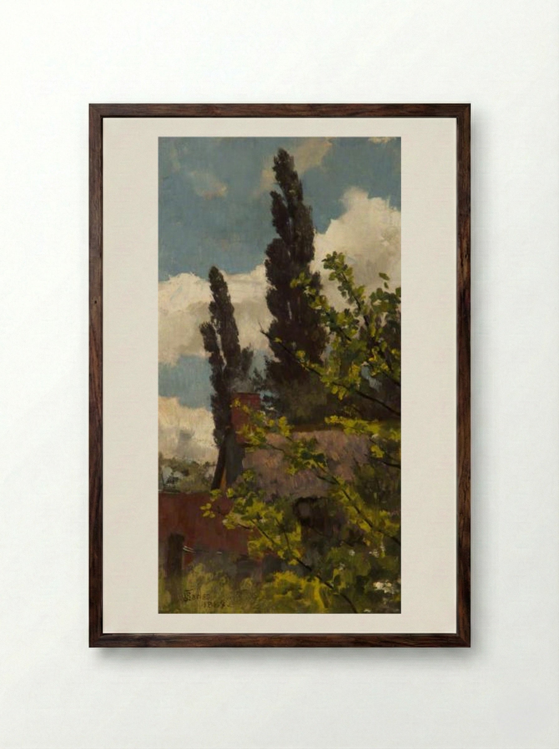 Rooftops and Poplars - James Charles - Framed Print Dark Wood