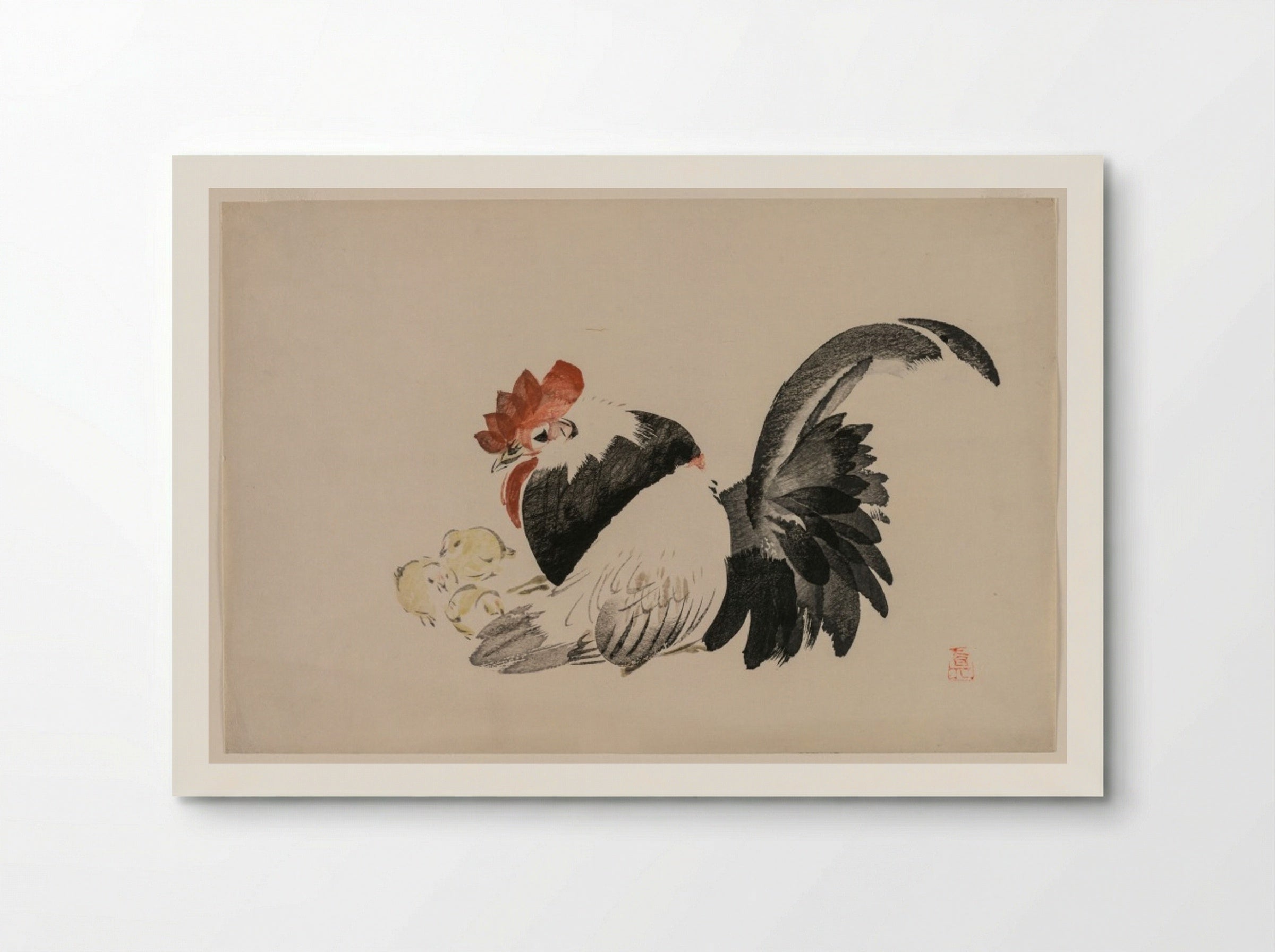 Rooster, Hen, and Chicks - Shibata Zeshin - Poster