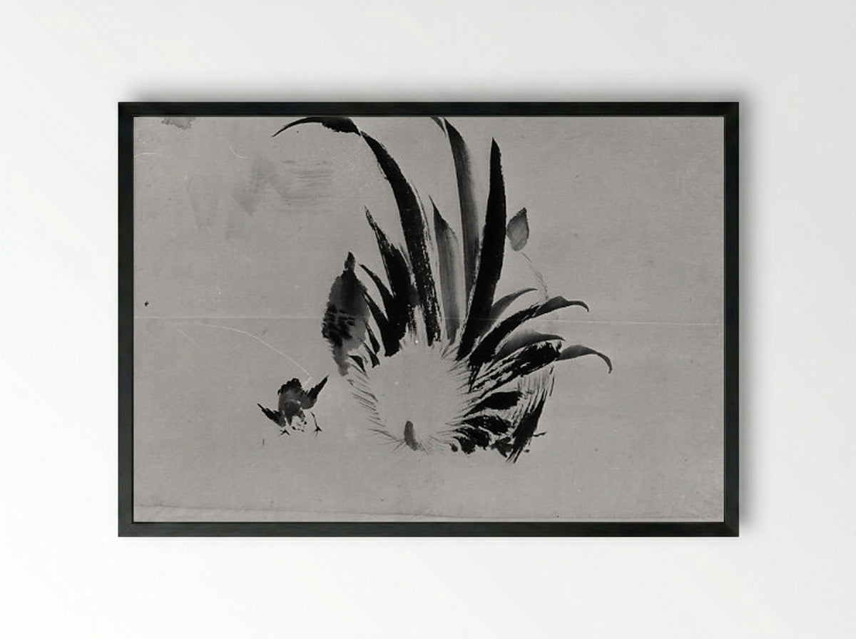 Rooster and Chick - Hokusai School - Framed Print Black