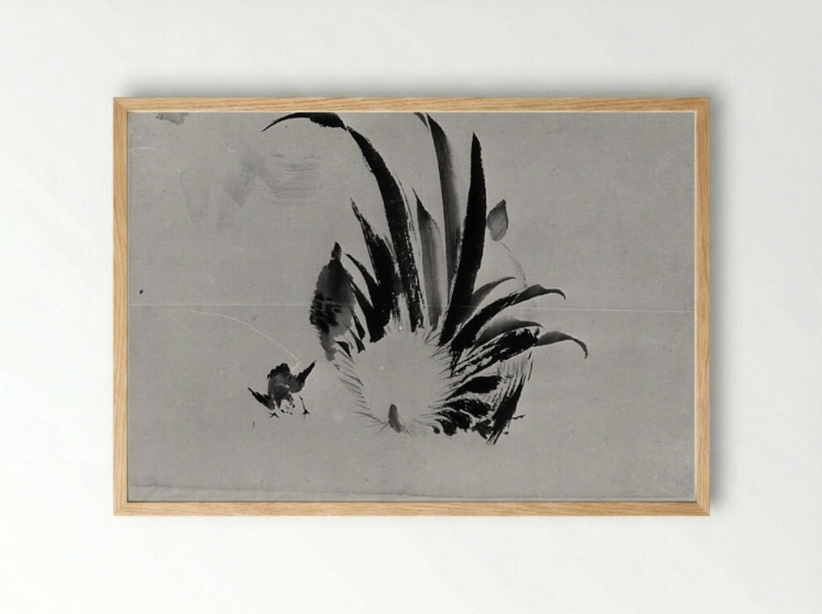 Rooster and Chick - Hokusai School - Framed Print Wood
