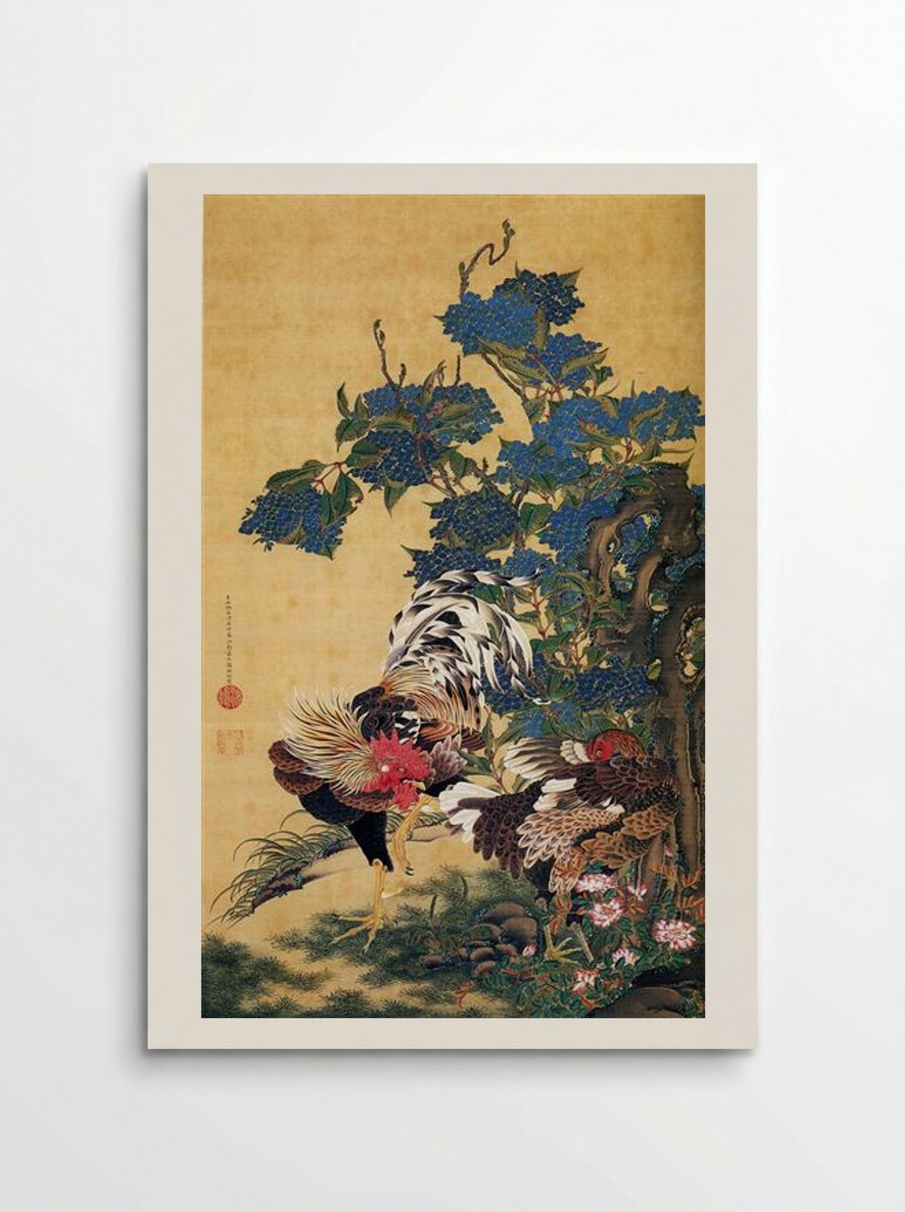 Rooster and Hen with Hydrangeas - Itō Jakuchū - Poster