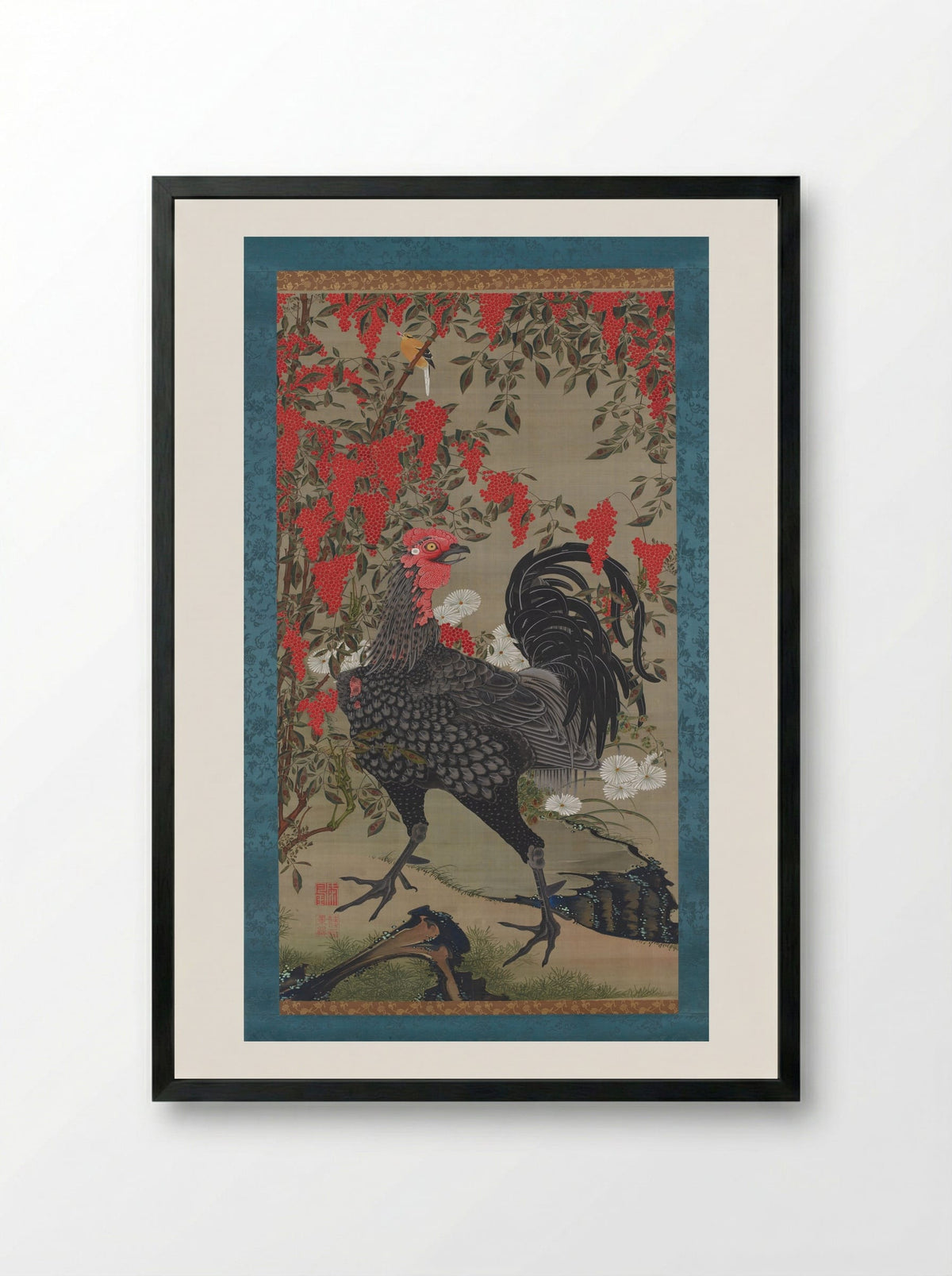 Rooster and Nandina - Itō Jakuchū - Framed Print Black
