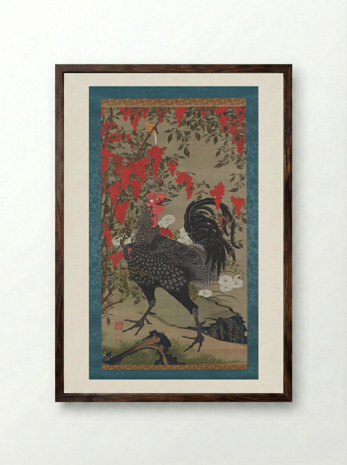 Rooster and Nandina - Itō Jakuchū - Framed Print Dark Wood