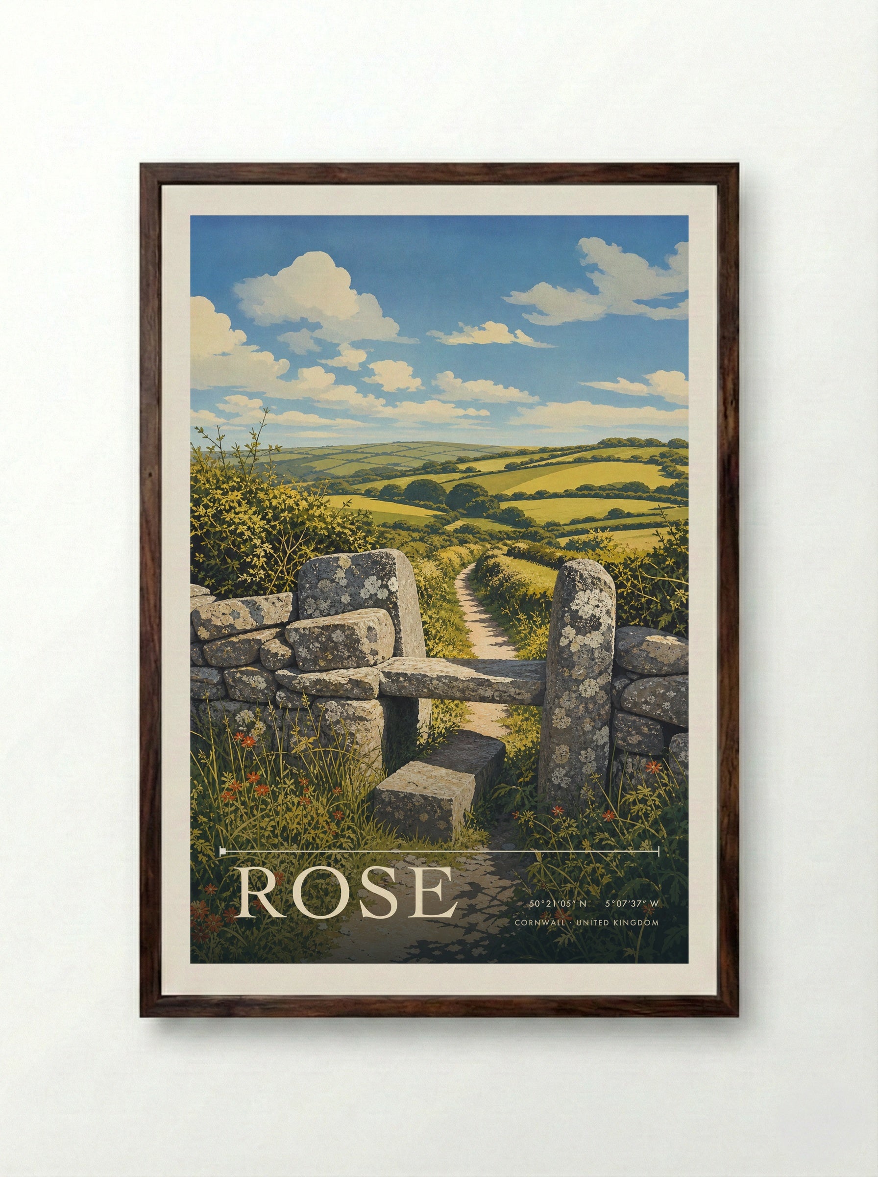 Rose Cornwall United Kingdom Travel Poster - Framed Print Dark Wood
