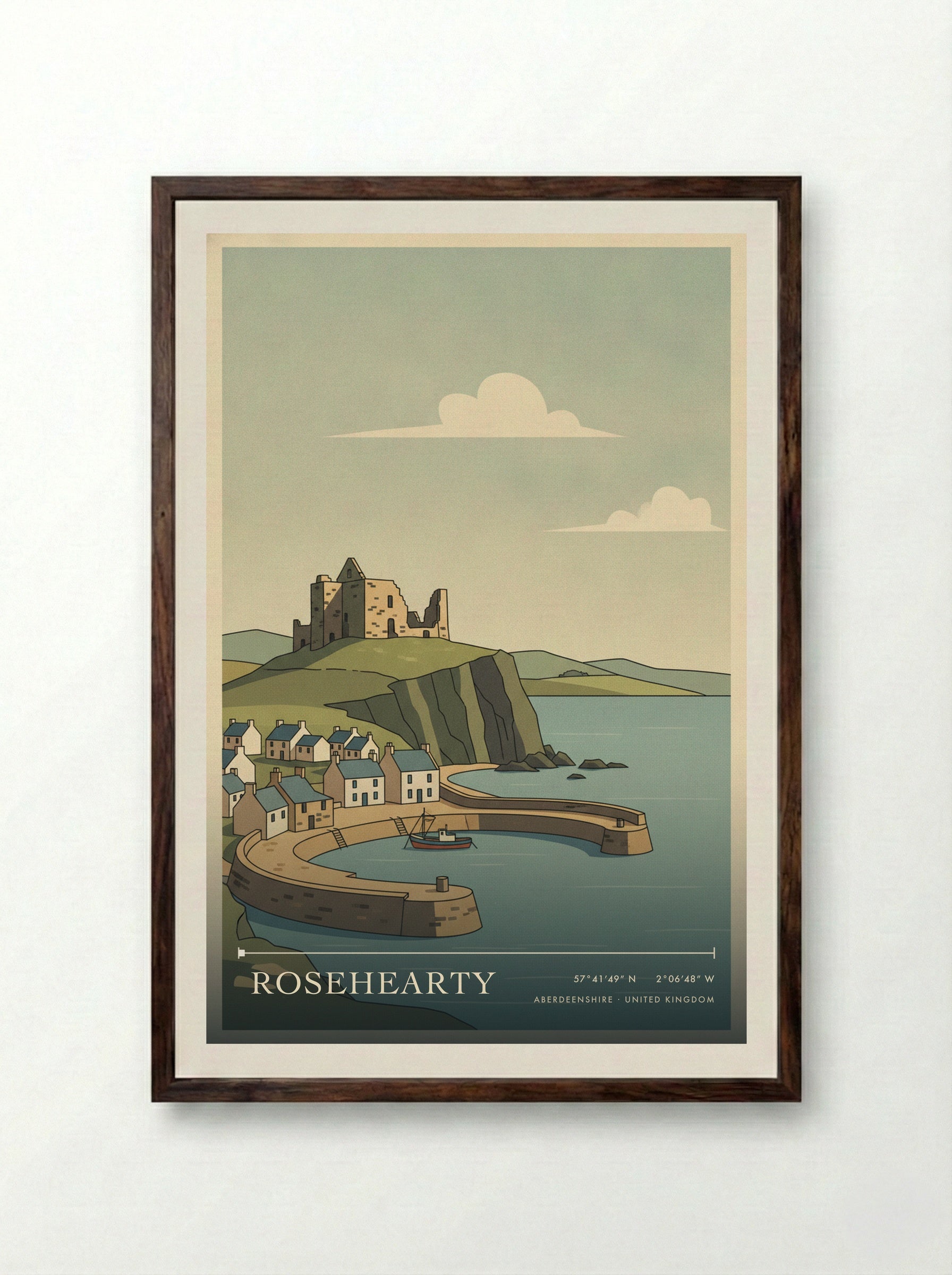 Rosehearty Aberdeenshire United Kingdom Travel Poster - Framed Print Dark Wood