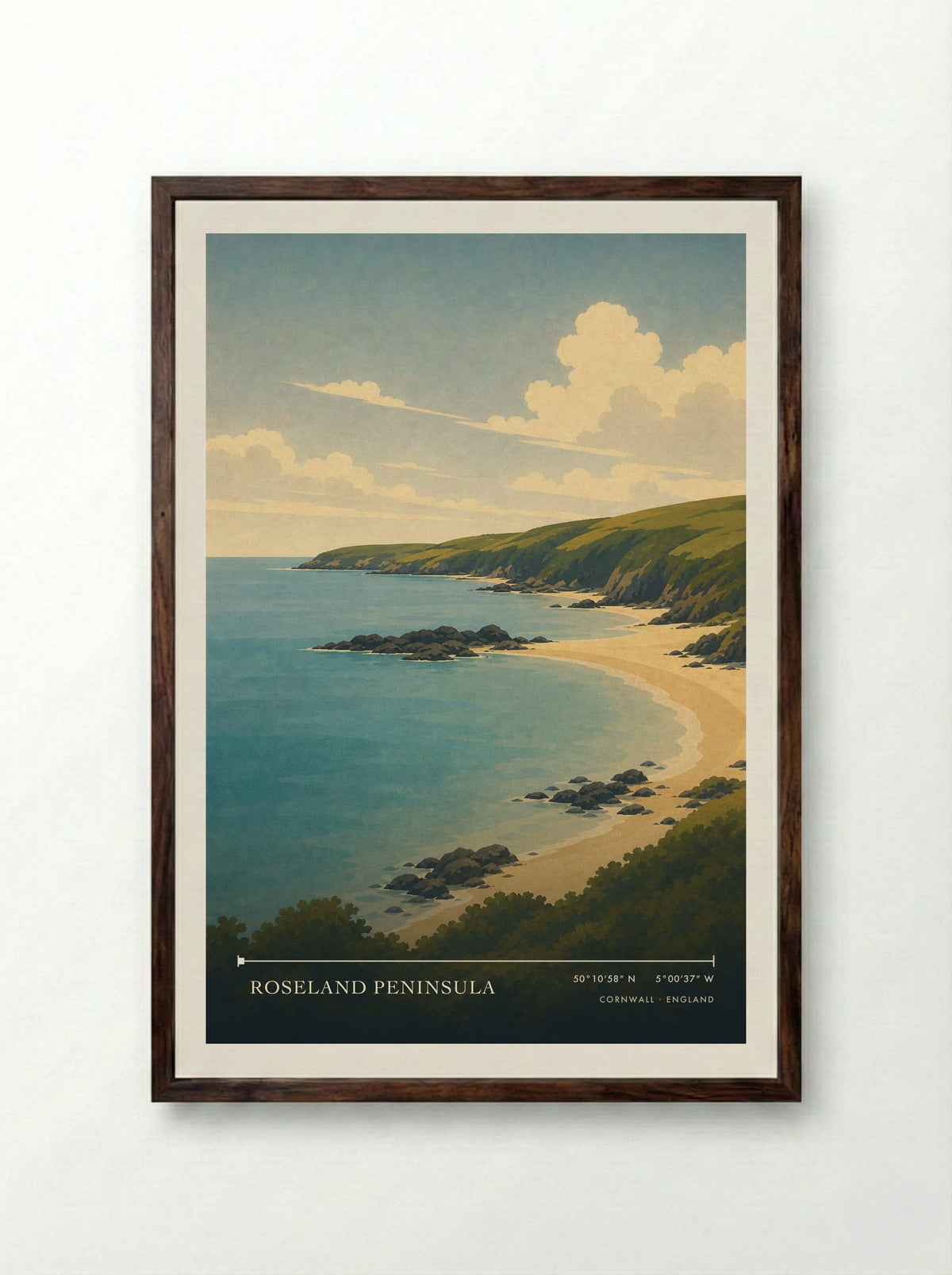 Roseland Peninsula Cornwall England Travel Poster - Framed Print Dark Wood