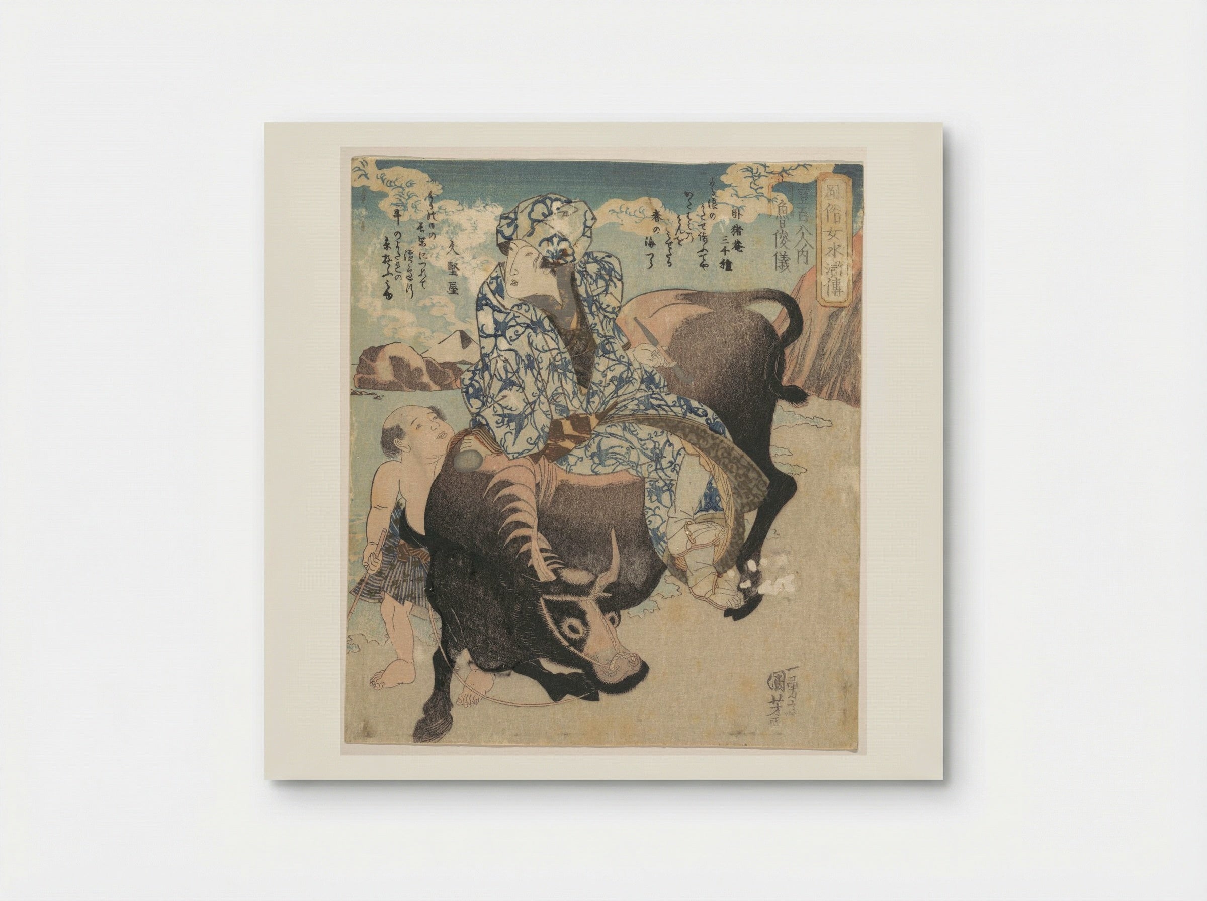 Roshungi (Chinese, Lu Zhunyi) as a Woman with a Pipe Riding on a Buffalo - Utagawa Kuniyoshi - Poster