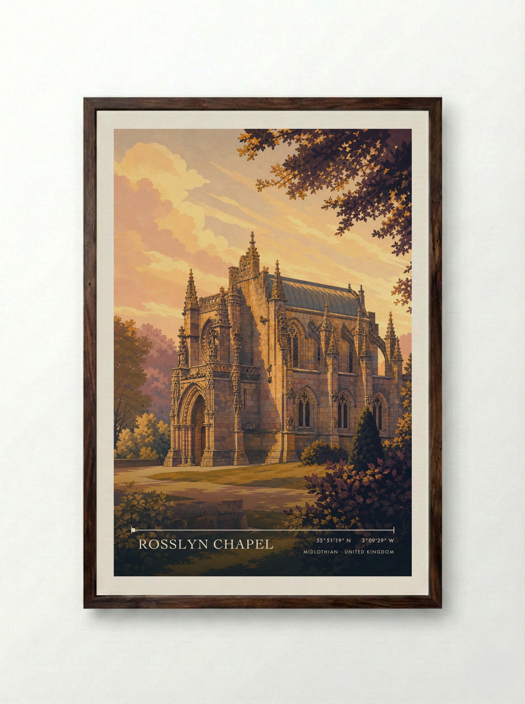 Rosslyn Chapel Midlothian United Kingdom Travel Poster - Framed Print Dark Wood