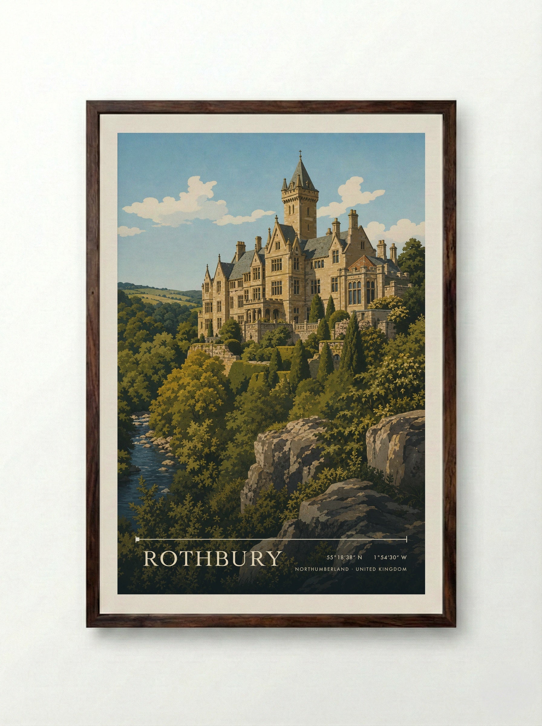 Rothbury Northumberland United Kingdom Travel Poster - Framed Print Dark Wood