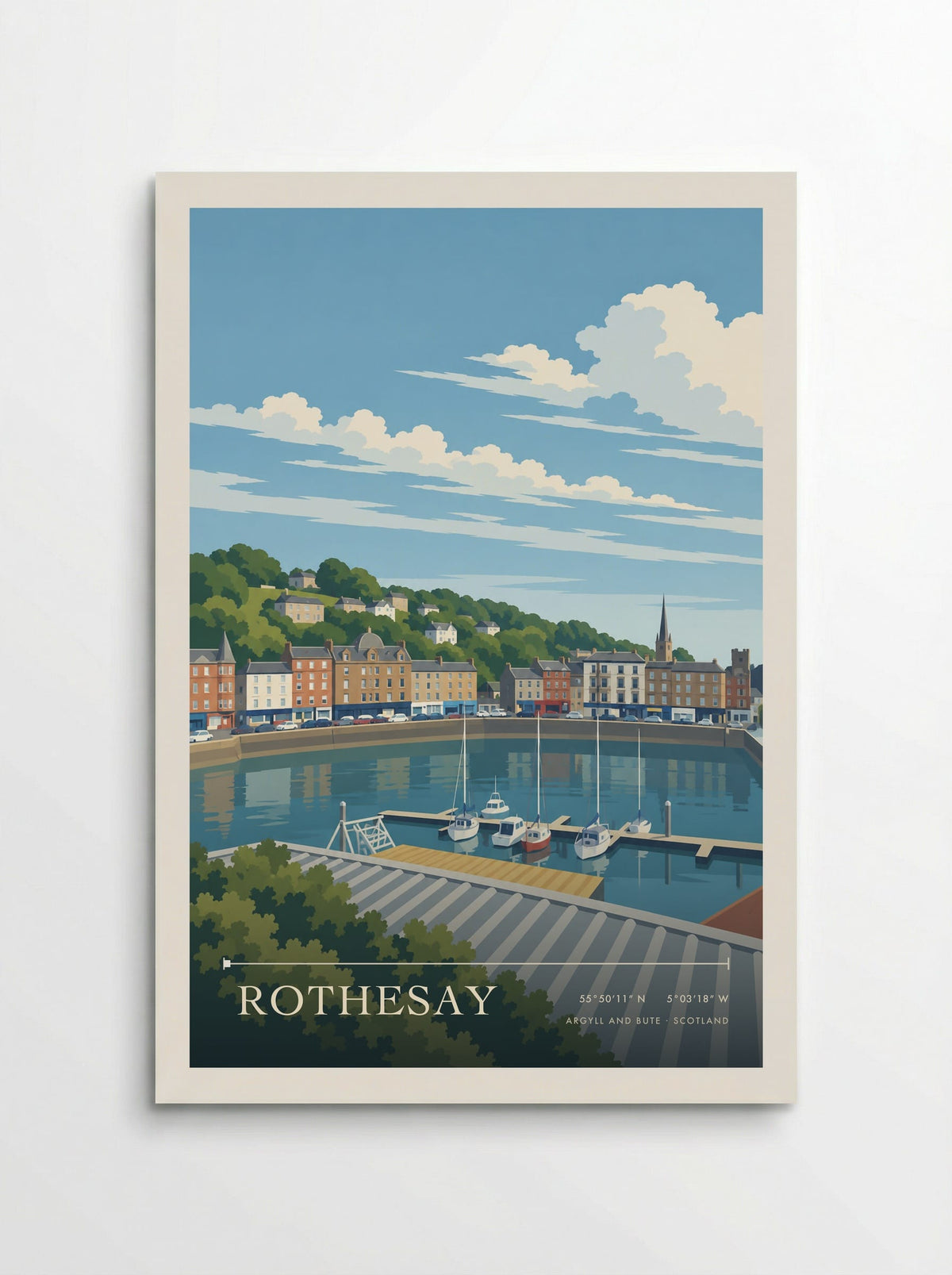 Rothesay, Argyll and Bute travel poster: colourful waterfront buildings reflected in harbour water, small sailing boats and houses on wooded slopes