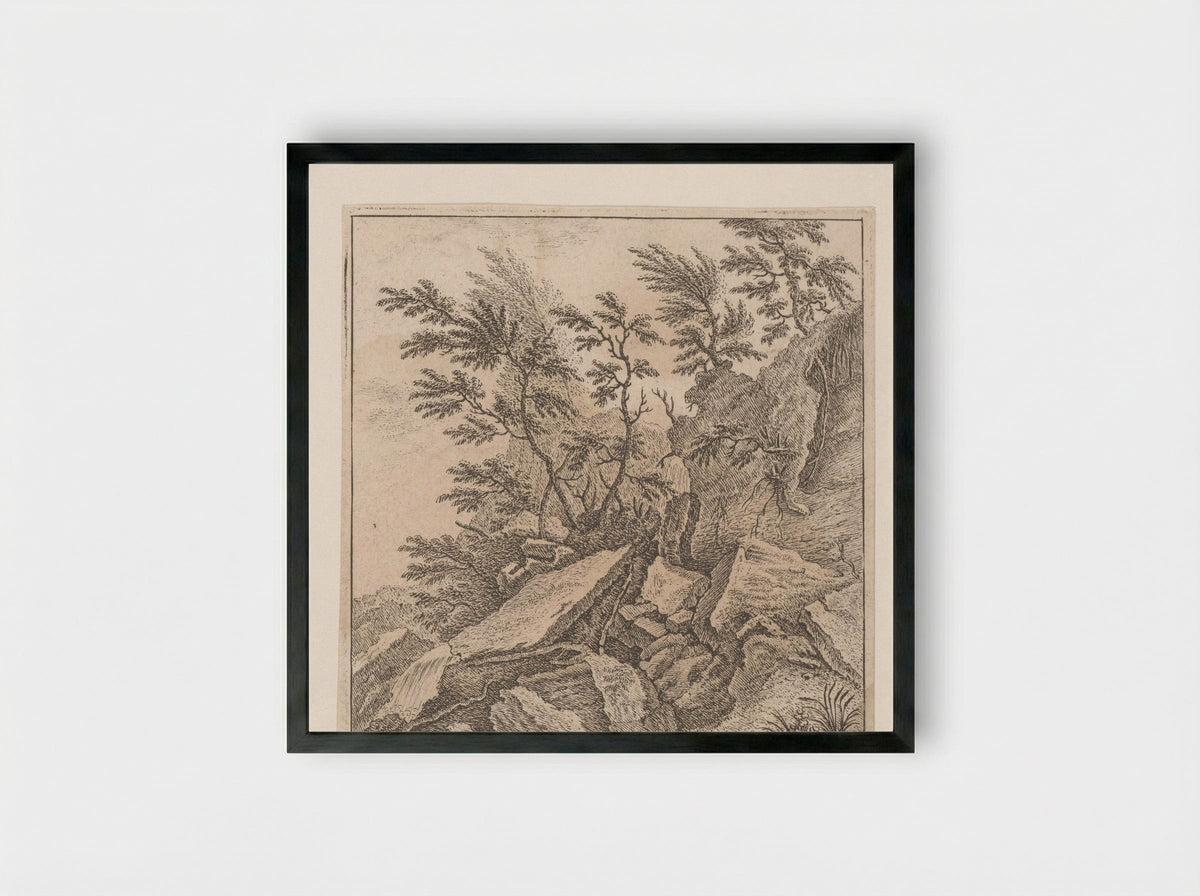 Rotspartij met een waterval - Johann Caspar Ulinger - Framed Print Black