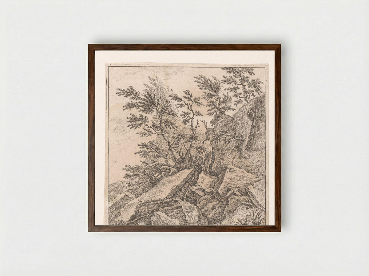 Rotspartij met een waterval - Johann Caspar Ulinger - Framed Print Dark Wood