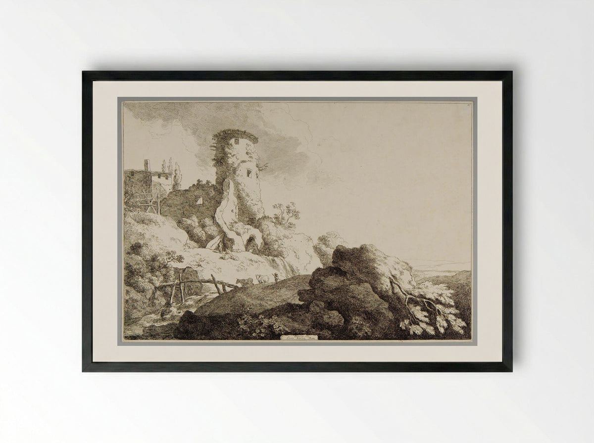 Round Tower - Christian Wilhelm Ernst Dietrich - Framed Print Black