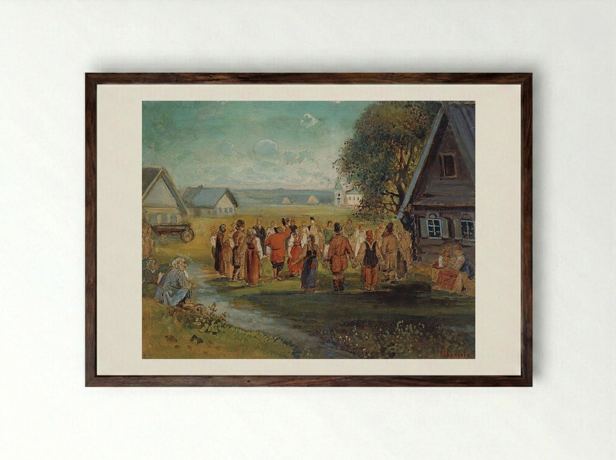 Round dance in the village - Aleksey Savrasov - Framed Print Dark Wood