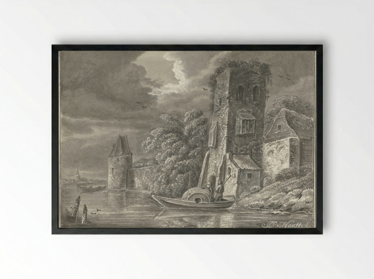 Ruïne aan het water - Johannes Petrus van Horstok - Framed Print Black