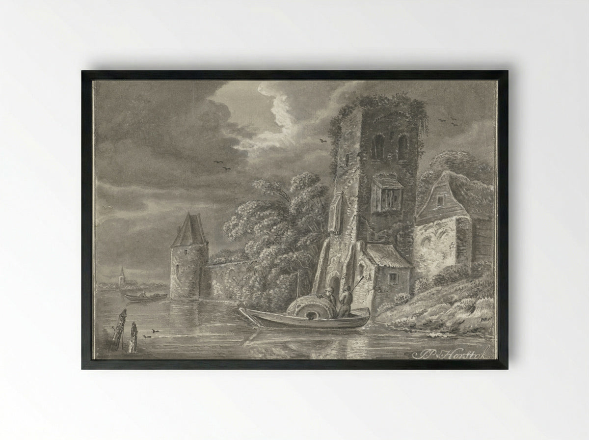 Ruïne aan het water - Johannes Petrus van Horstok - Framed Print Black