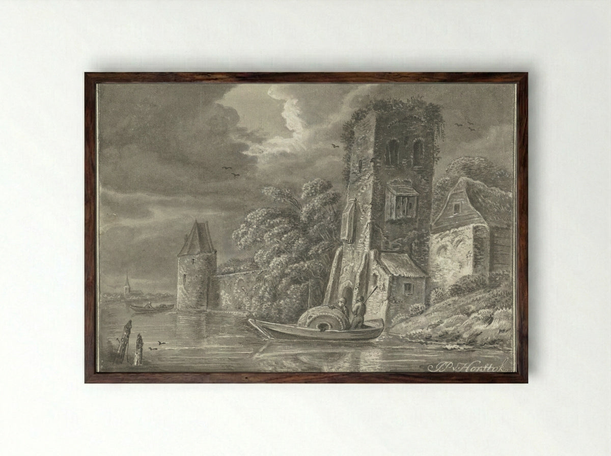Ruïne aan het water - Johannes Petrus van Horstok - Framed Print Dark Wood