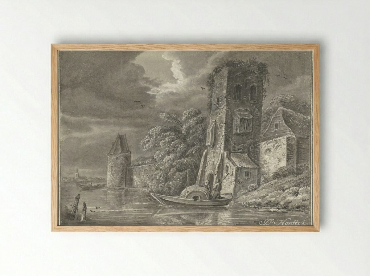Ruïne aan het water - Johannes Petrus van Horstok - Framed Print Wood