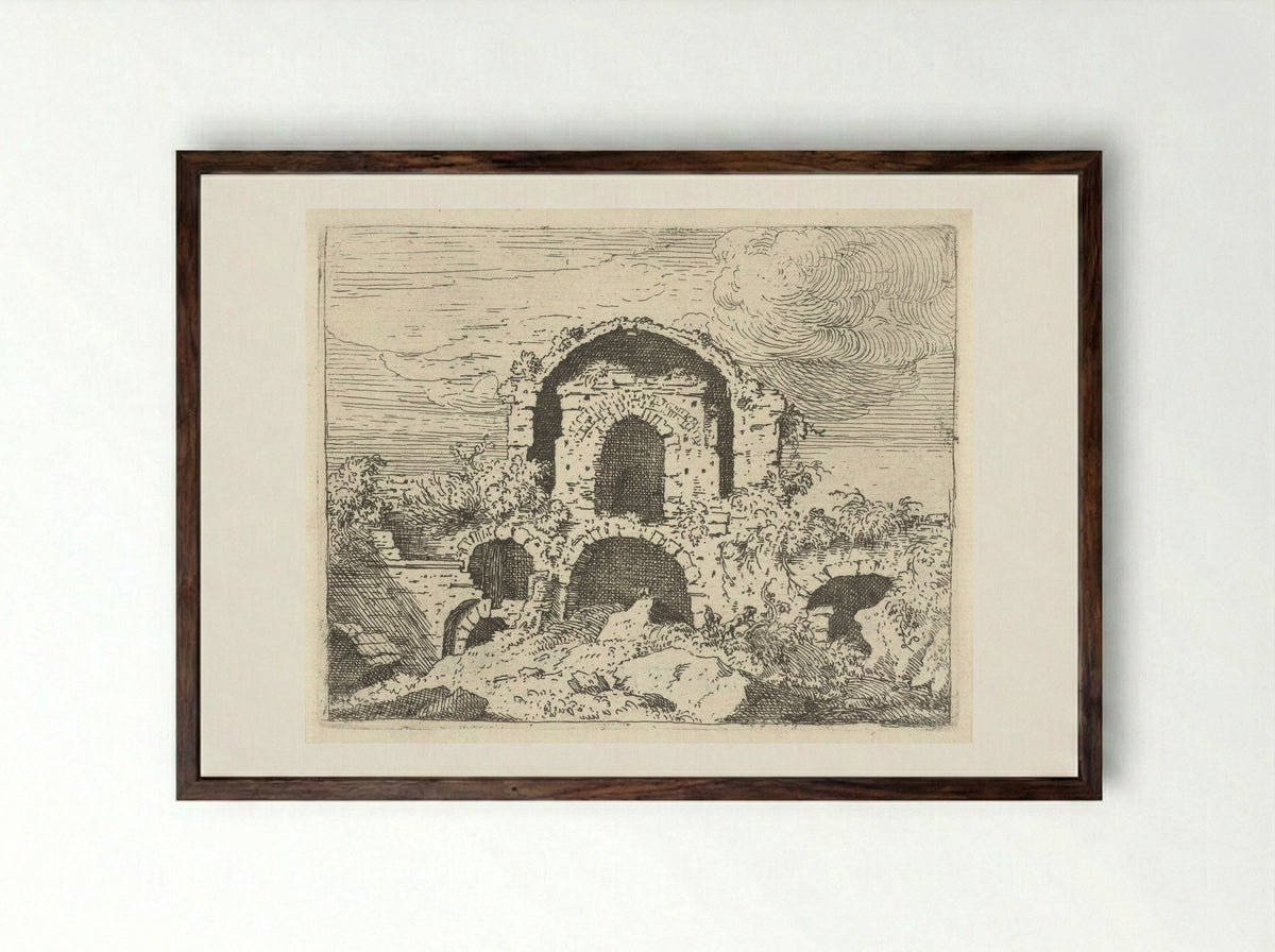 Ruïne in een landschap - Govert van der Leeuw - Framed Print Dark Wood