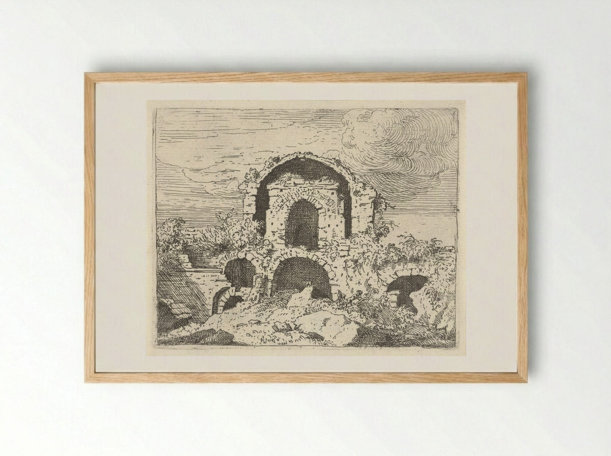Ruïne in een landschap - Govert van der Leeuw - Framed Print Wood