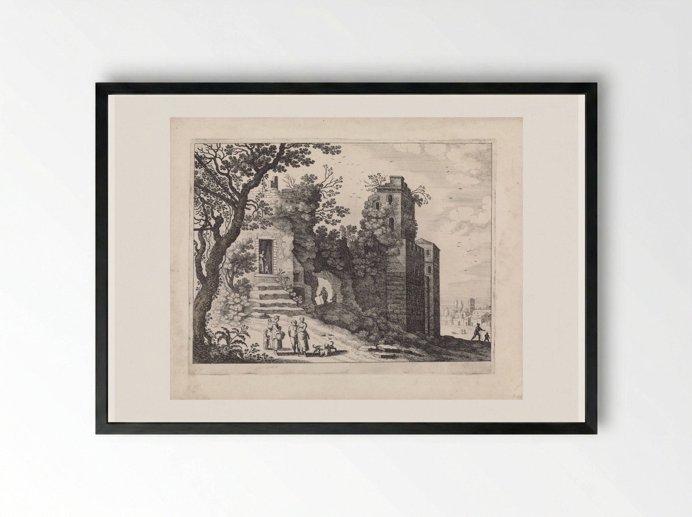 Ruïne met een groep vrouwen en kinderen - Guilliam van Nieulandt (II) - Framed Print Black
