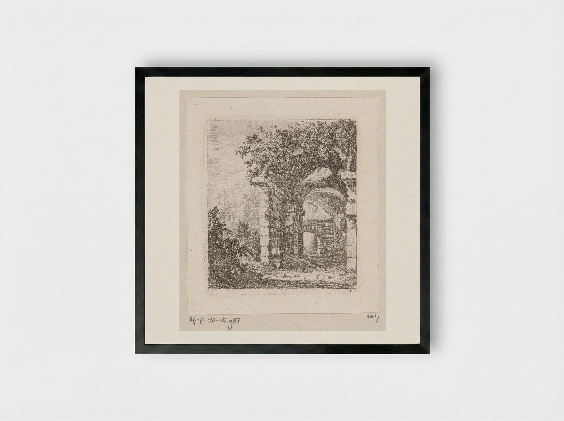Ruïne van een portico met twee mannen - Johann Franz Ermels - Framed Print Black