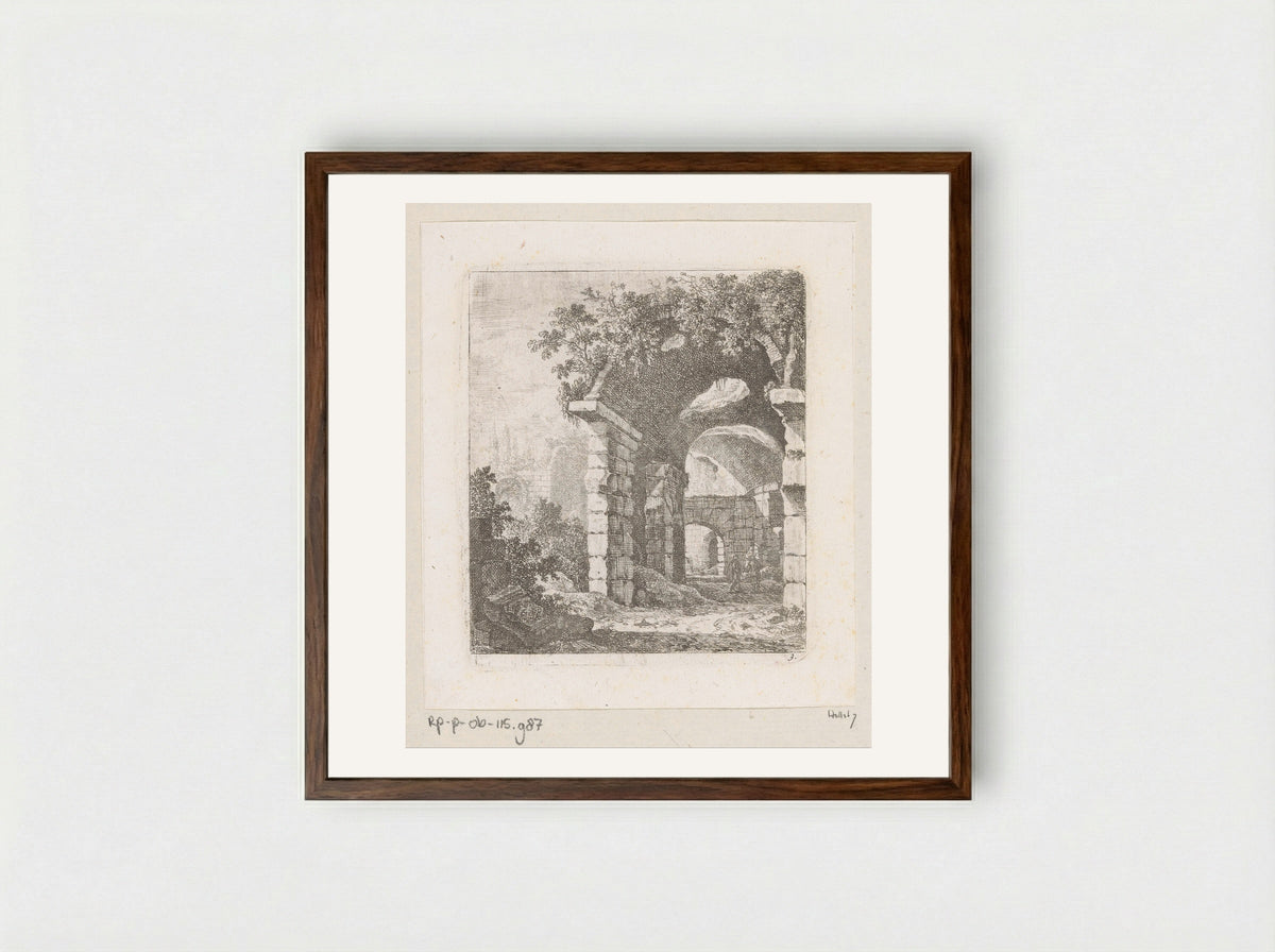 Ruïne van een portico met twee mannen - Johann Franz Ermels - Framed Print Dark Wood