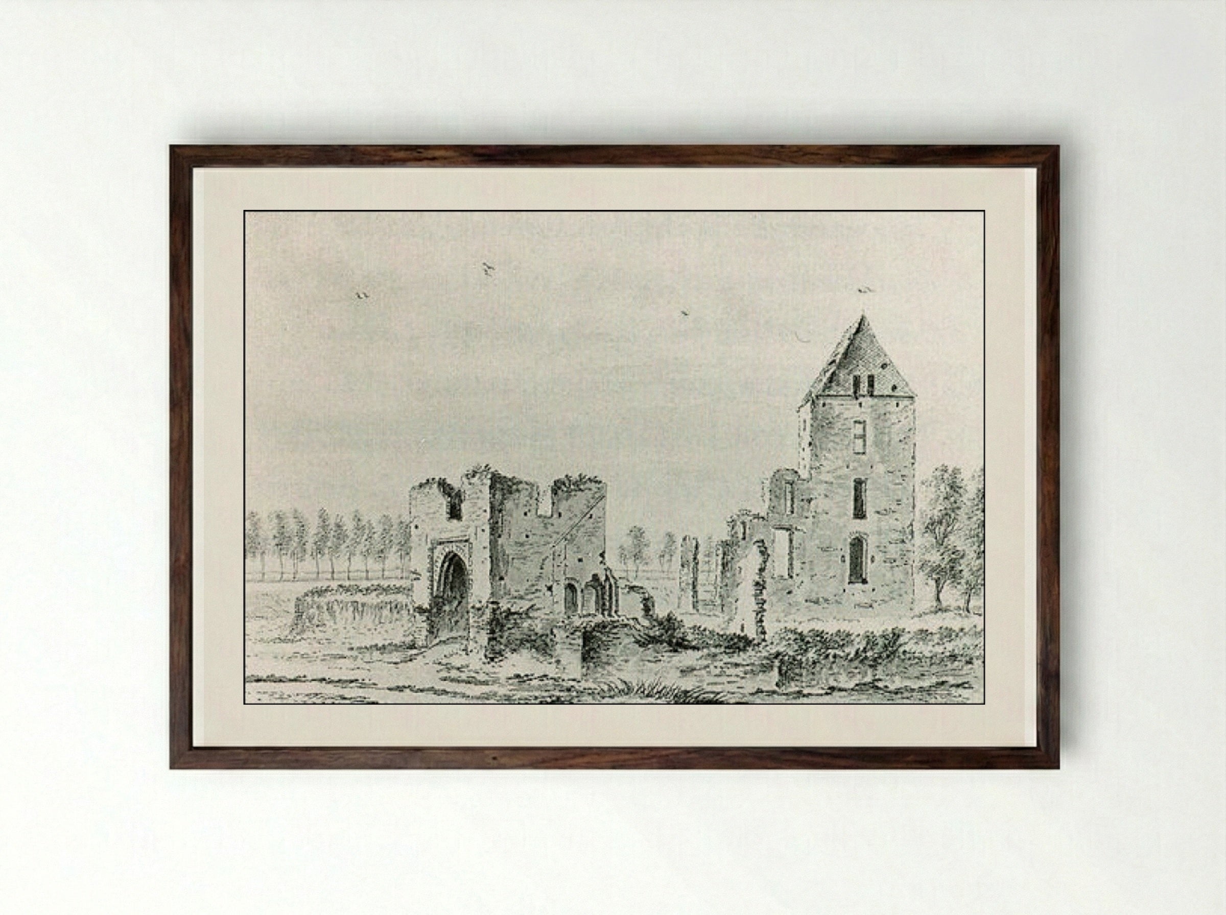 Ruïne van het huis te Kleef bij Haarlem - Abraham Rademaker - Framed Print Dark Wood