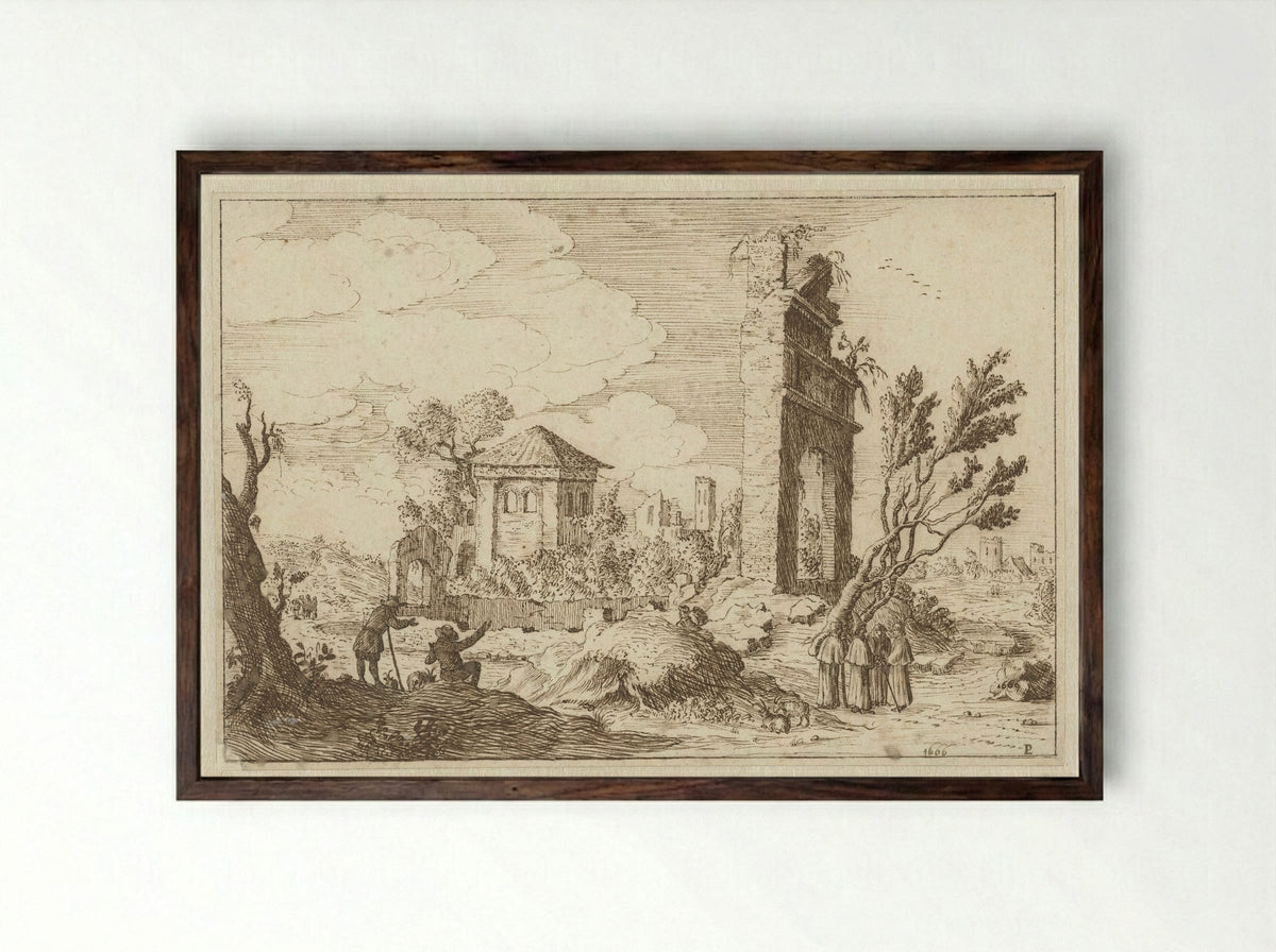 Ruïnelandschap in Italië - Monogrammist PL - Framed Print Dark Wood