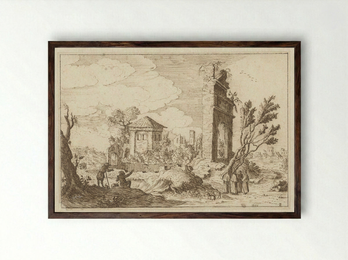 Ruïnelandschap in Italië - Monogrammist PL - Framed Print Dark Wood