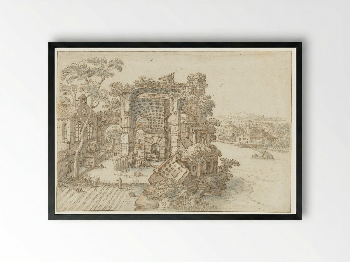 Ruïnes nabij een brede rivier - Hendrick van Cleve - Framed Print Black