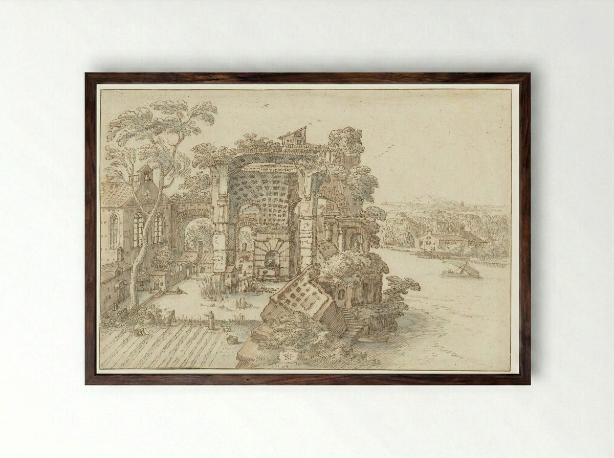 Ruïnes nabij een brede rivier - Hendrick van Cleve - Framed Print Dark Wood