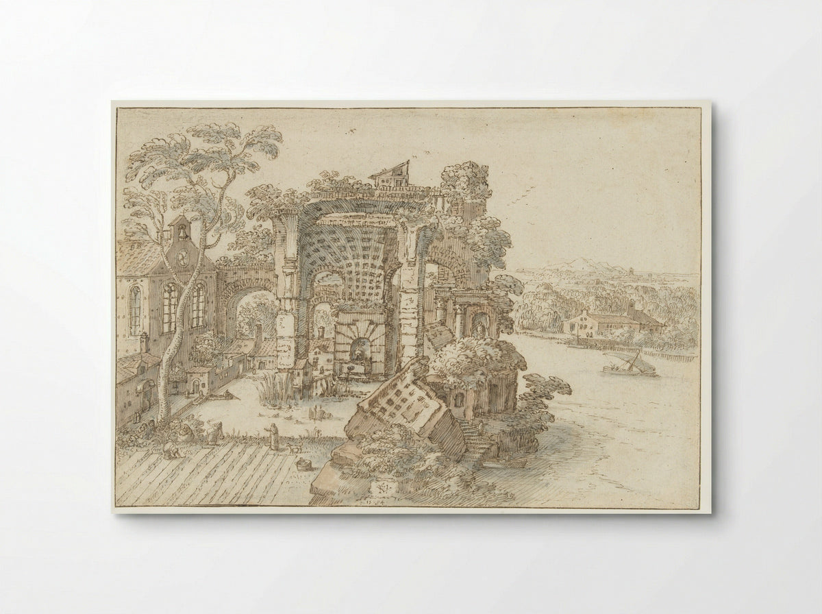 Ruïnes nabij een brede rivier - Hendrick van Cleve - Poster