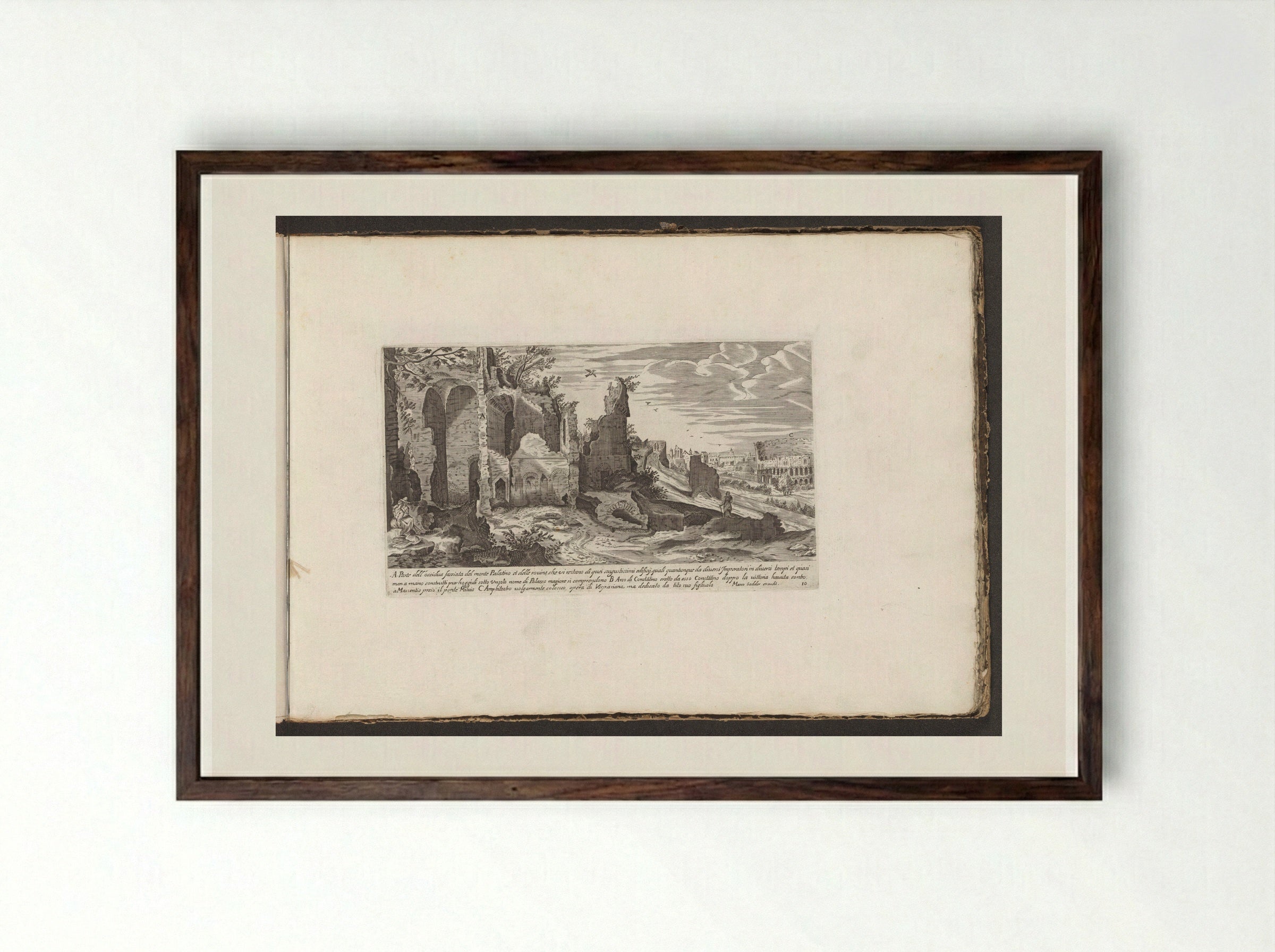 Ruïnes op de hellingen van de Palatijn, rechts het Colosseum - Giovanni Giacomo de' Rossi - Framed Print Dark Wood