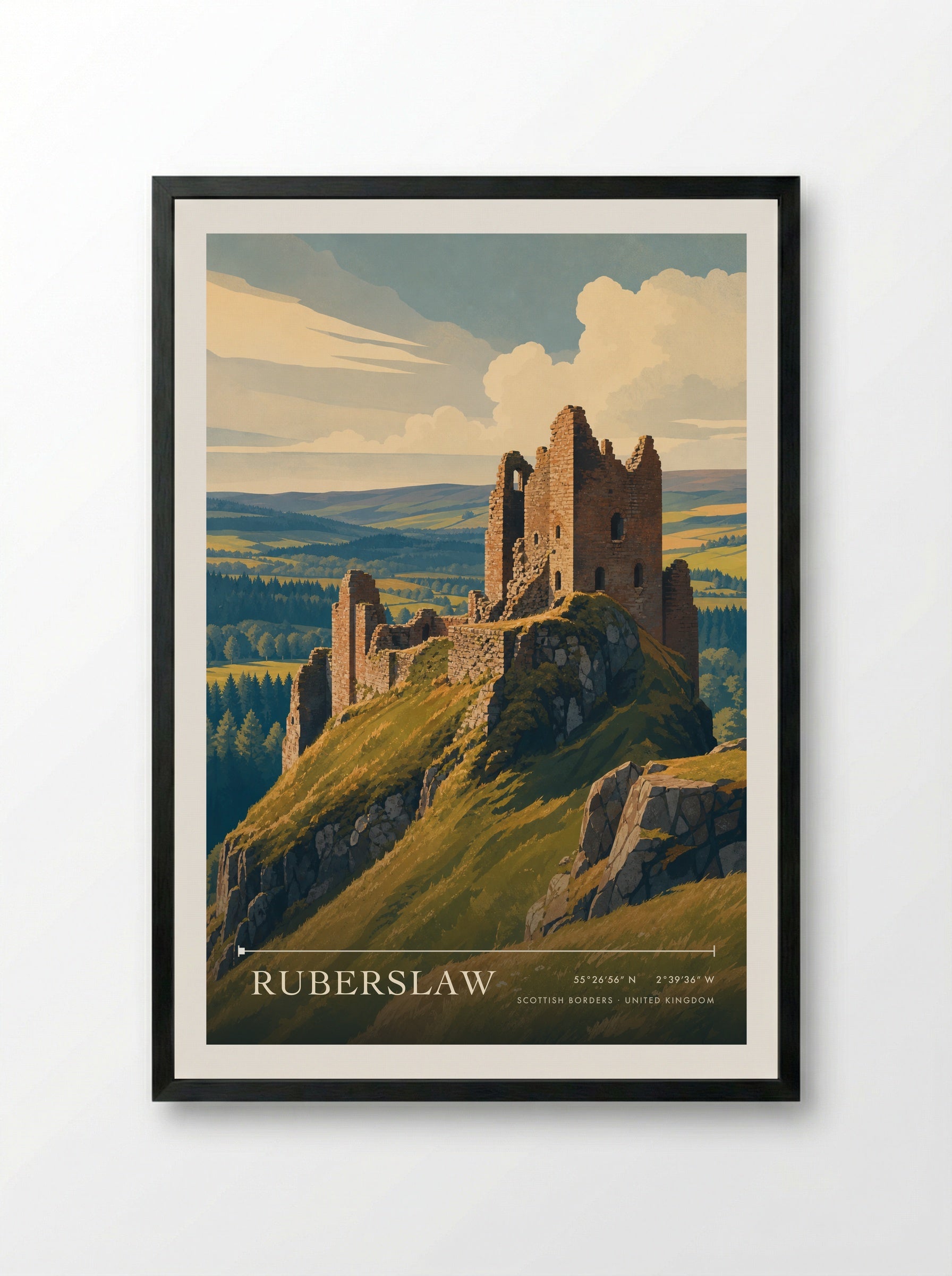 Ruberslaw Scottish Borders United Kingdom Travel Poster - Framed Print Black