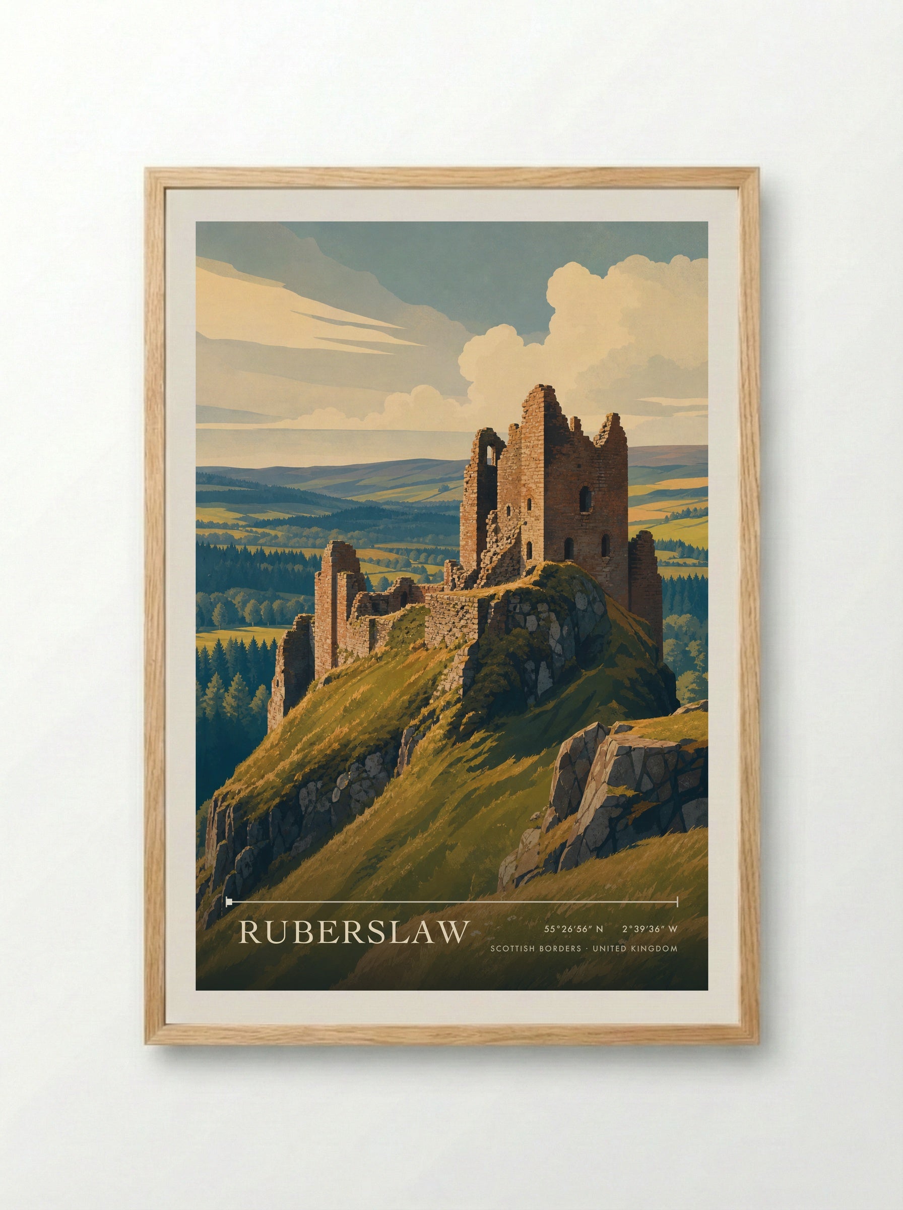 Ruberslaw Scottish Borders United Kingdom Travel Poster - Framed Print Wood