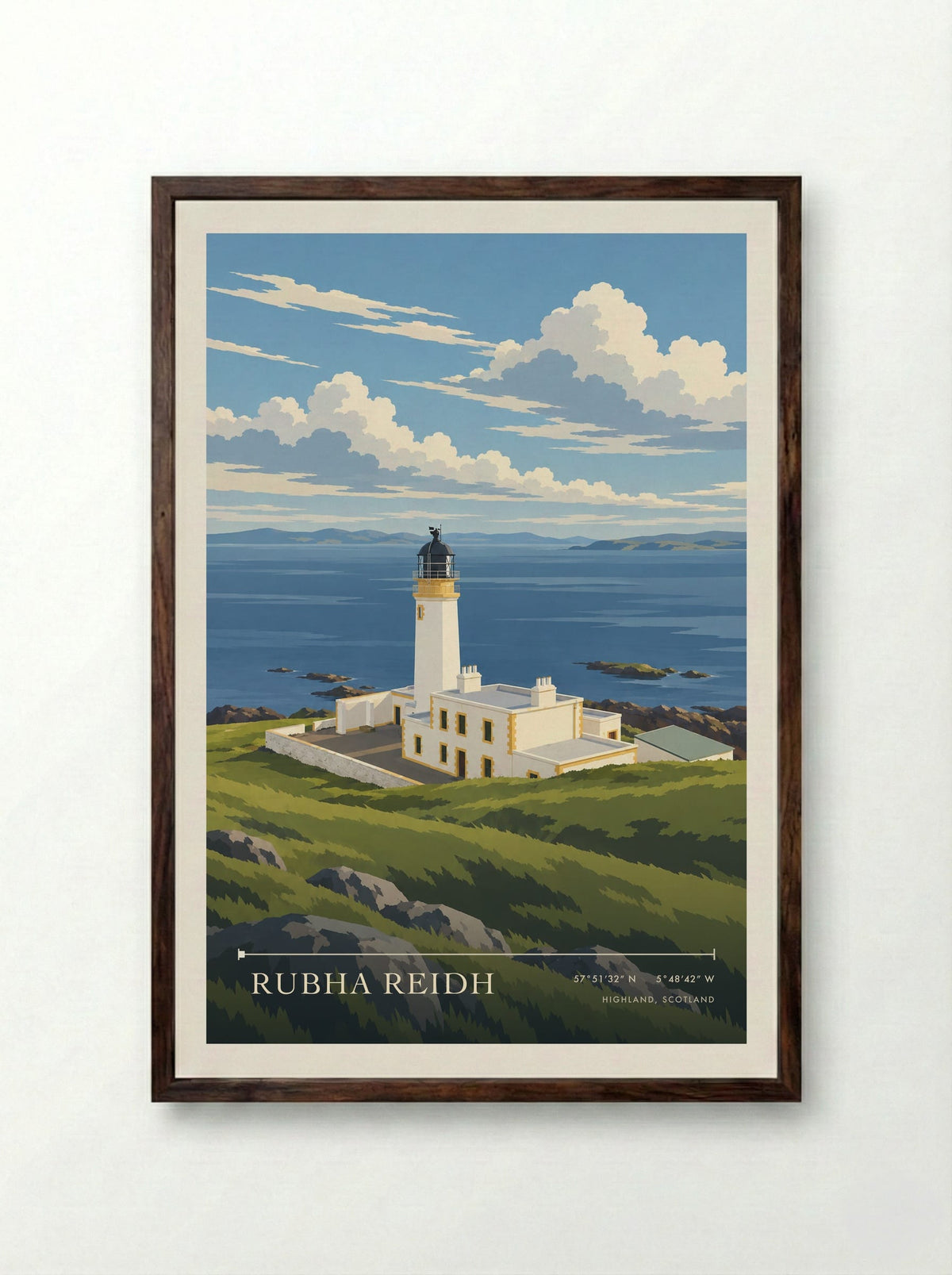 Rubha Reidh, Highland, Scotland | Travel Poster - Framed Print Dark Wood