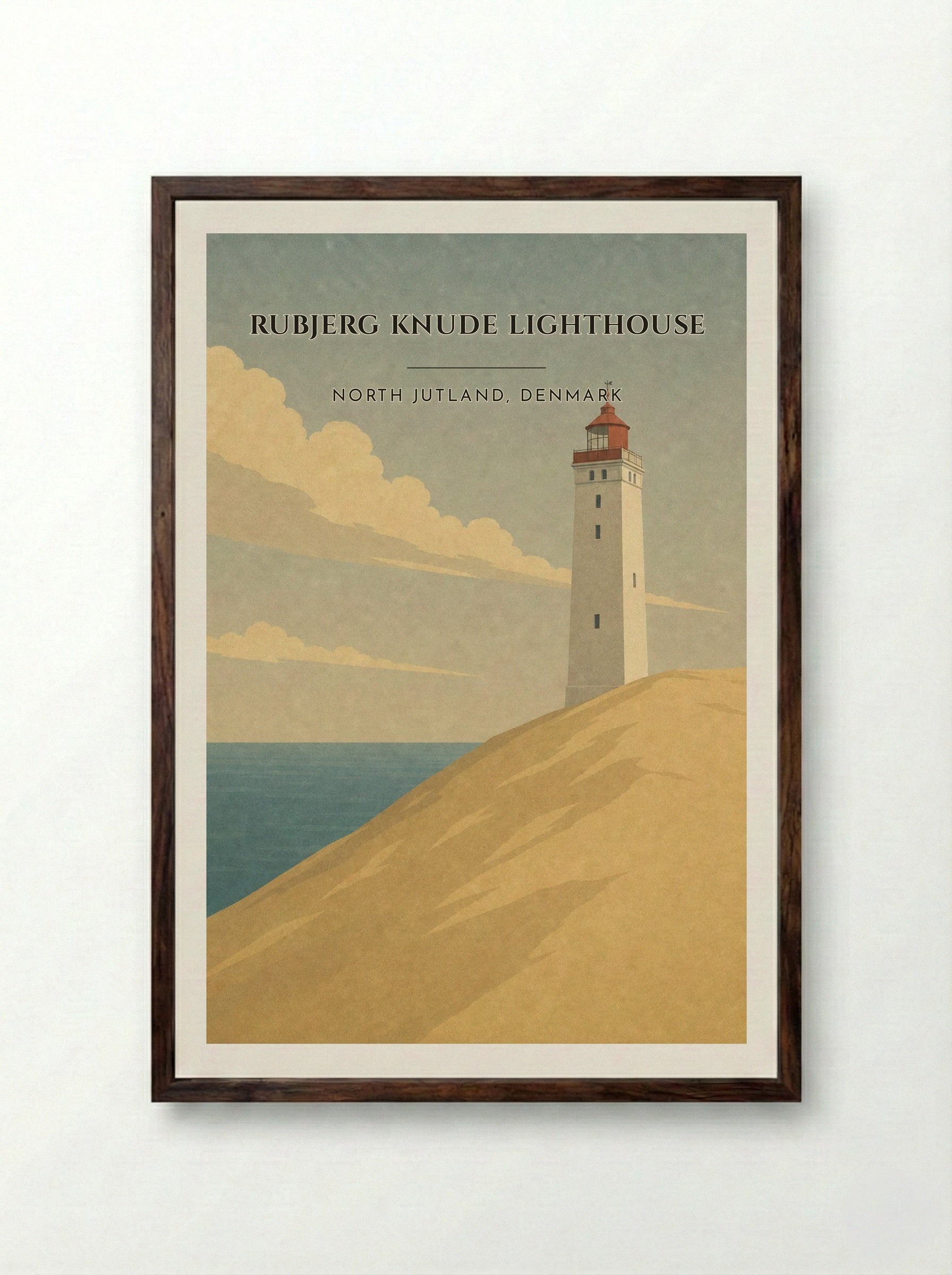 Rubjerg Knude Lighthouse Travel Poster Artwork - Framed Print Dark Wood