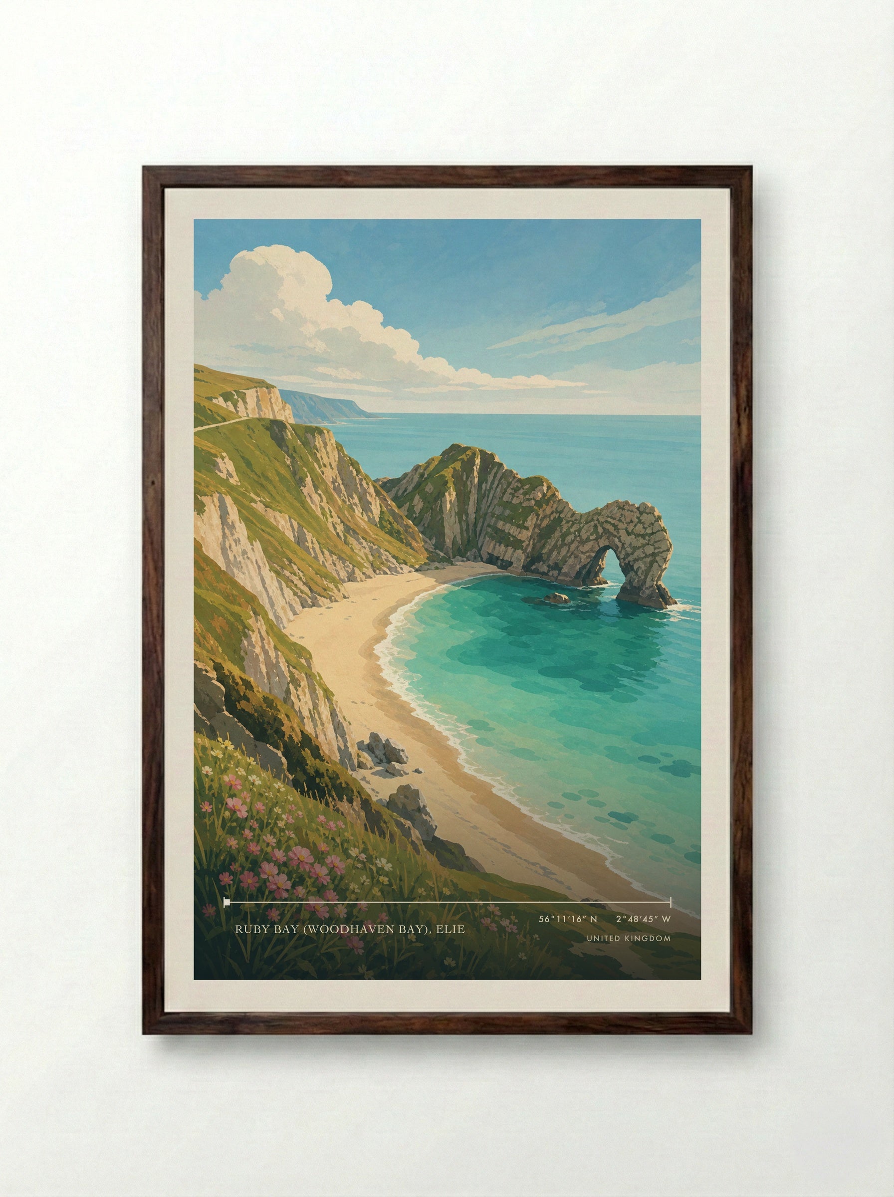 Ruby Bay (Woodhaven Bay), Elie United Kingdom Travel Poster - Framed Print Dark Wood