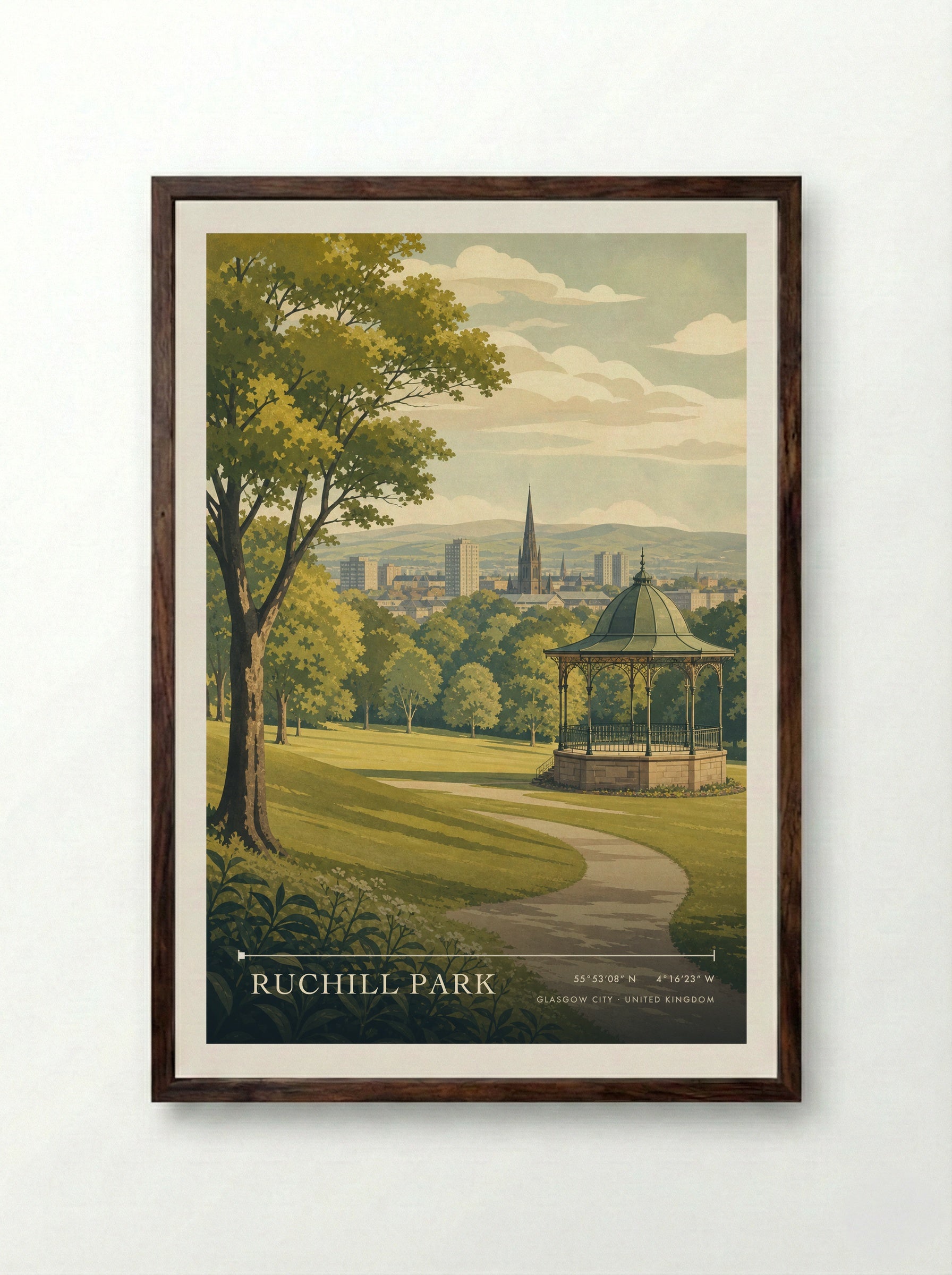 Ruchill Park Glasgow City United Kingdom Travel Poster - Framed Print Dark Wood