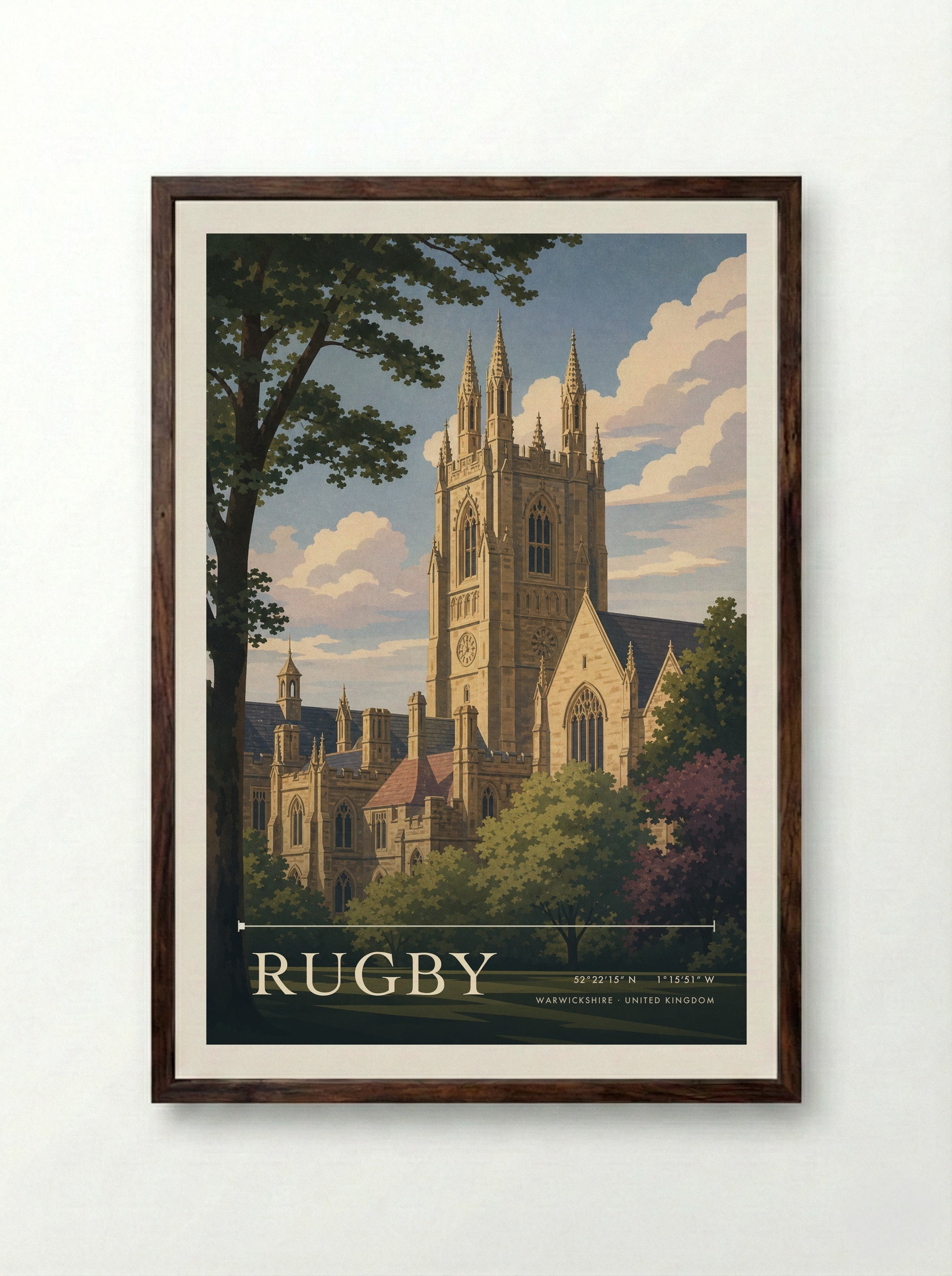 Rugby Warwickshire United Kingdom Travel Poster - Framed Print Dark Wood