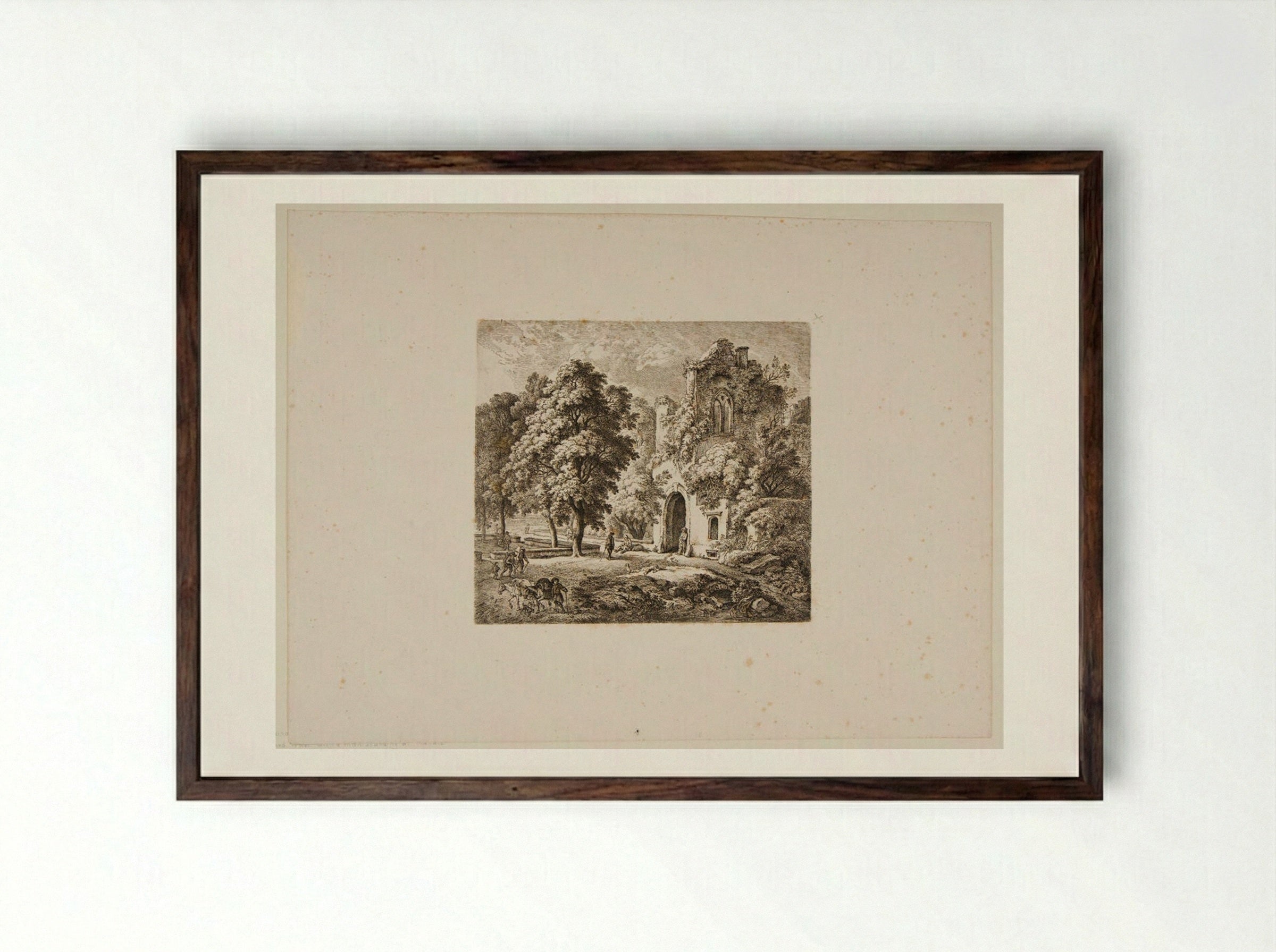 Ruined Tower with Man Standing at the Gate - Ferdinand Kobell - Framed Print Dark Wood
