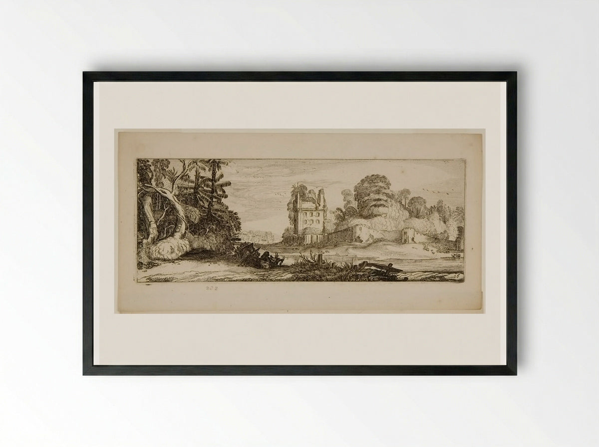 Ruins of a House and a Herdsman Playing the Flute - Jan van de Velde II - Framed Print Black