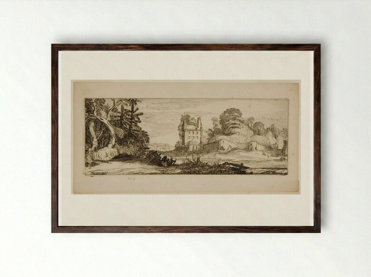 Ruins of a House and a Herdsman Playing the Flute - Jan van de Velde II - Framed Print Dark Wood