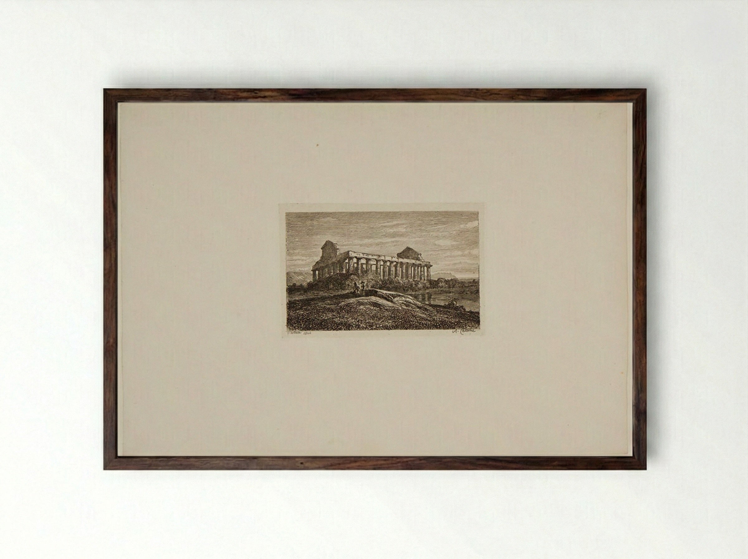 Ruins of a Temple at Paestum - Alexandre Calame - Framed Print Dark Wood