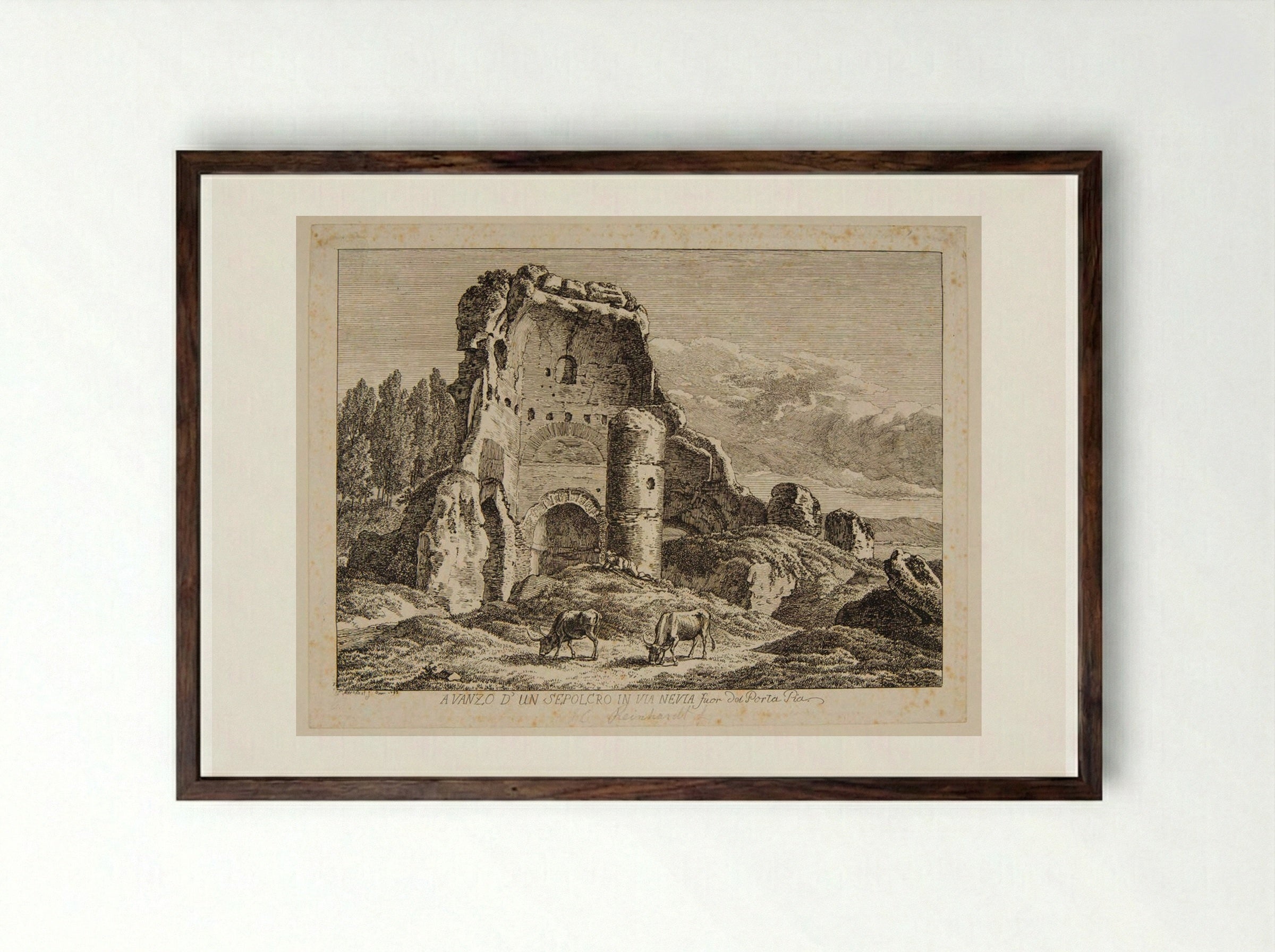 Ruins of a Tomb on the Via Nevia - Johann Christian Reinhart - Framed Print Dark Wood