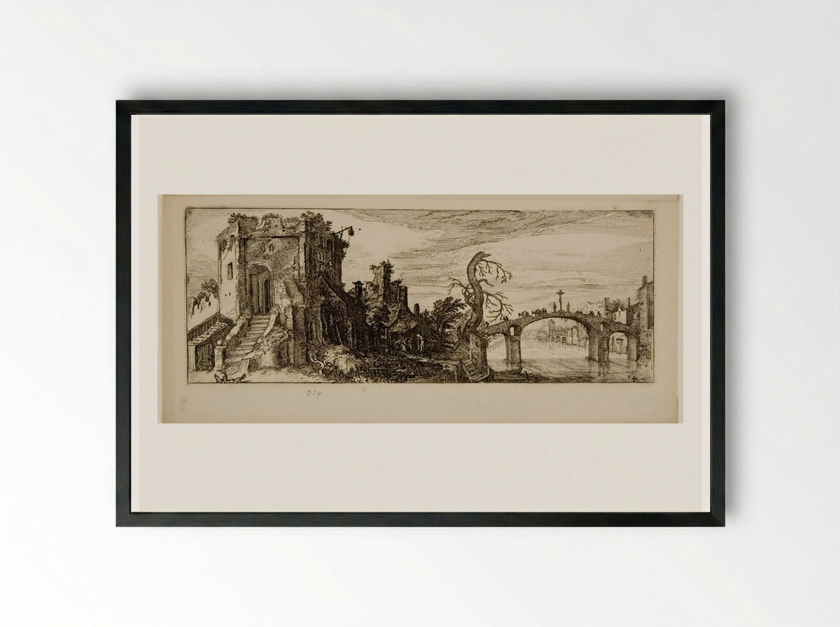 Ruins of a Tower and a Bridge - Jan van de Velde II - Framed Print Black