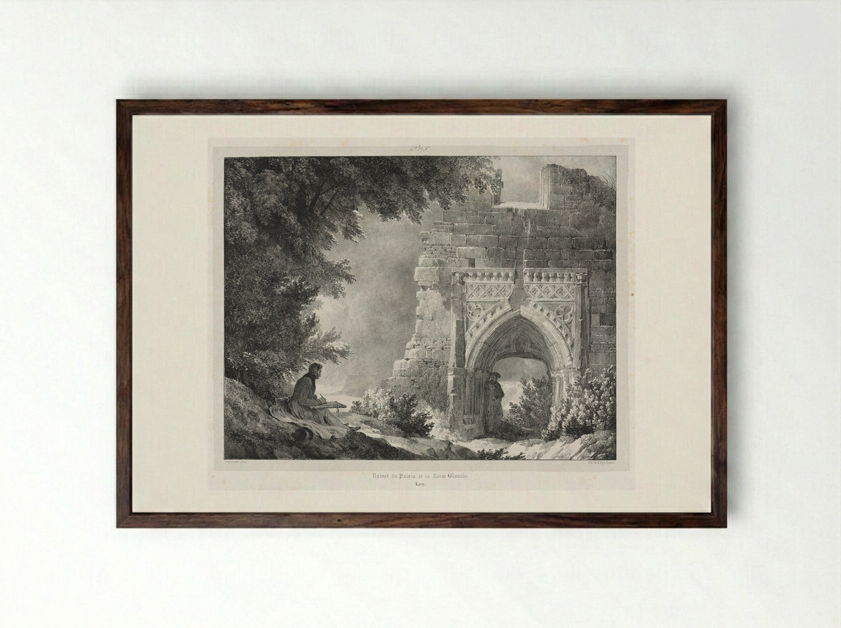 Ruins of the Palace of the White Queen - Alexandre-Evariste Fragonard - Framed Print Dark Wood