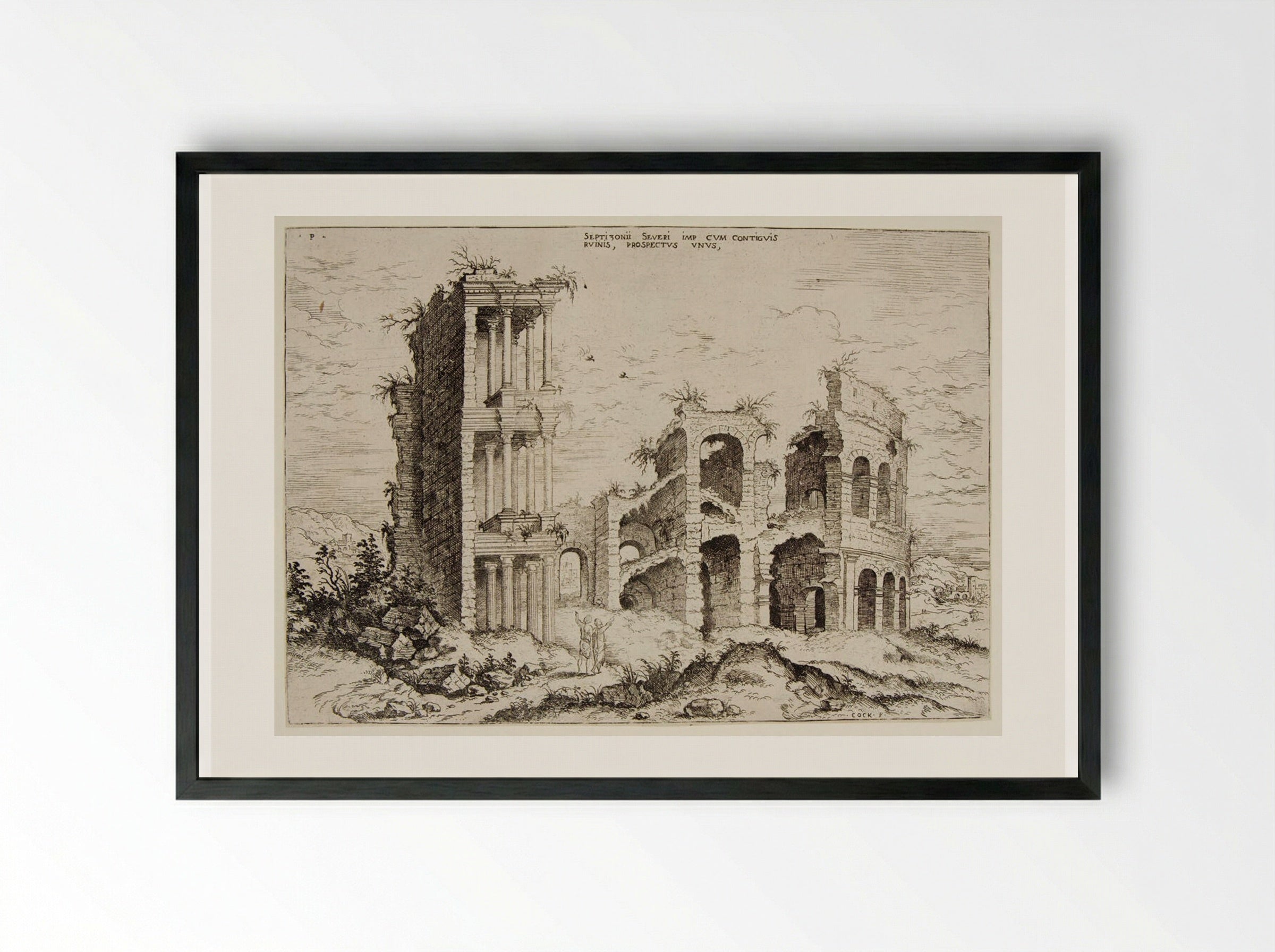 Ruins of the Septizonium and the Colosseum - Hieronymus Cock - Framed Print Black